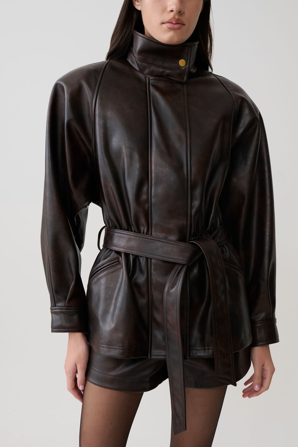 Adaline Faux Leather Cinch Waist Jacket - Dark Chocolate #4