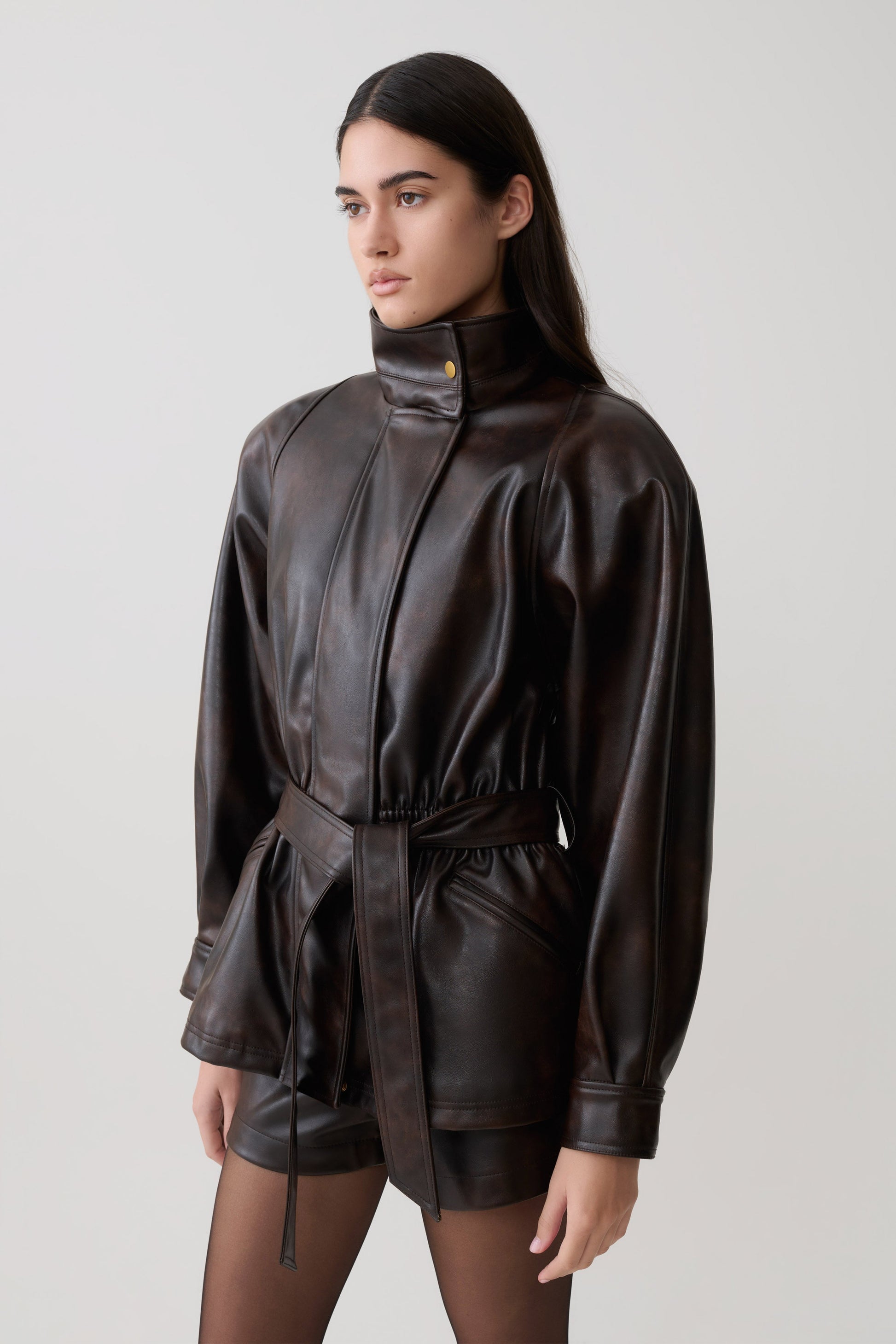 Adaline Faux Leather Cinch Waist Jacket - Dark Chocolate #5