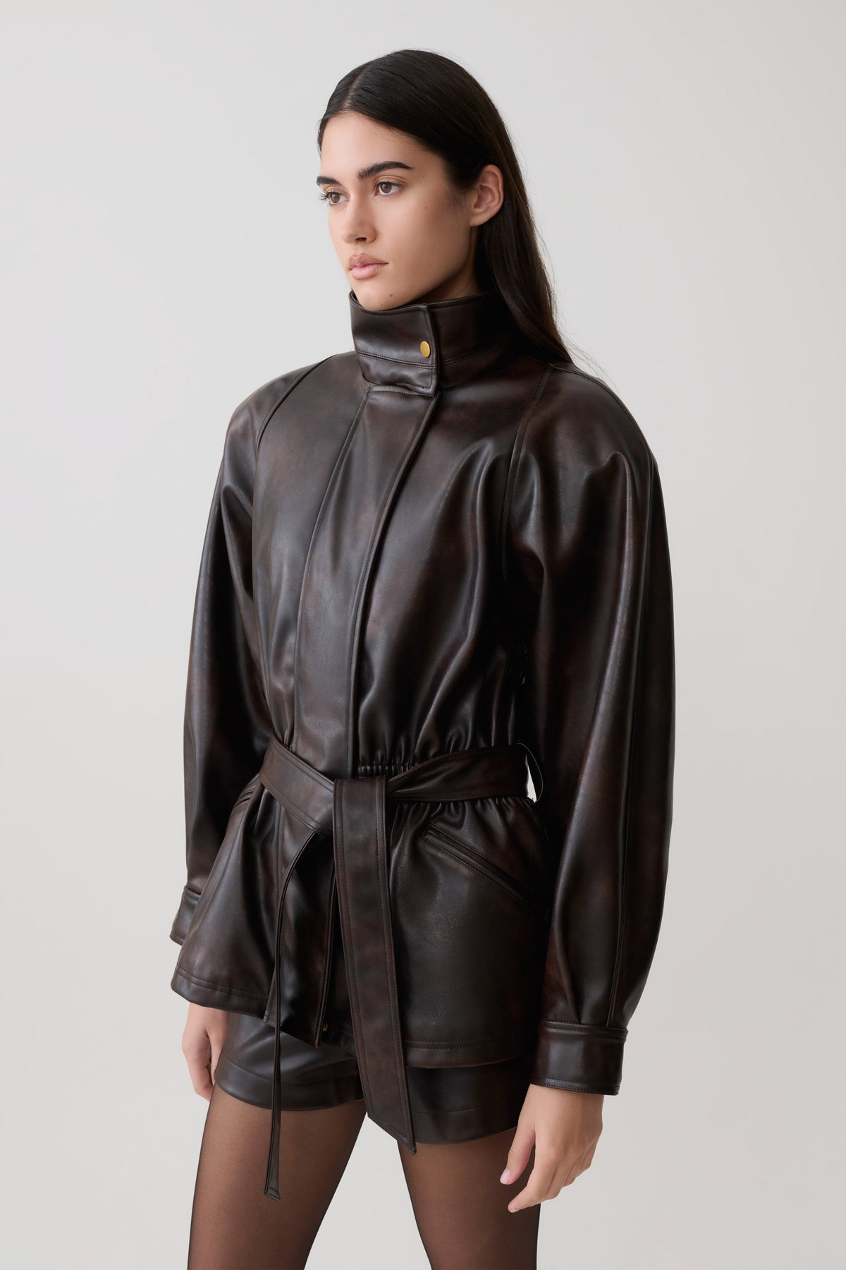 Adaline Faux Leather Cinch Waist Jacket - Dark Chocolate #5