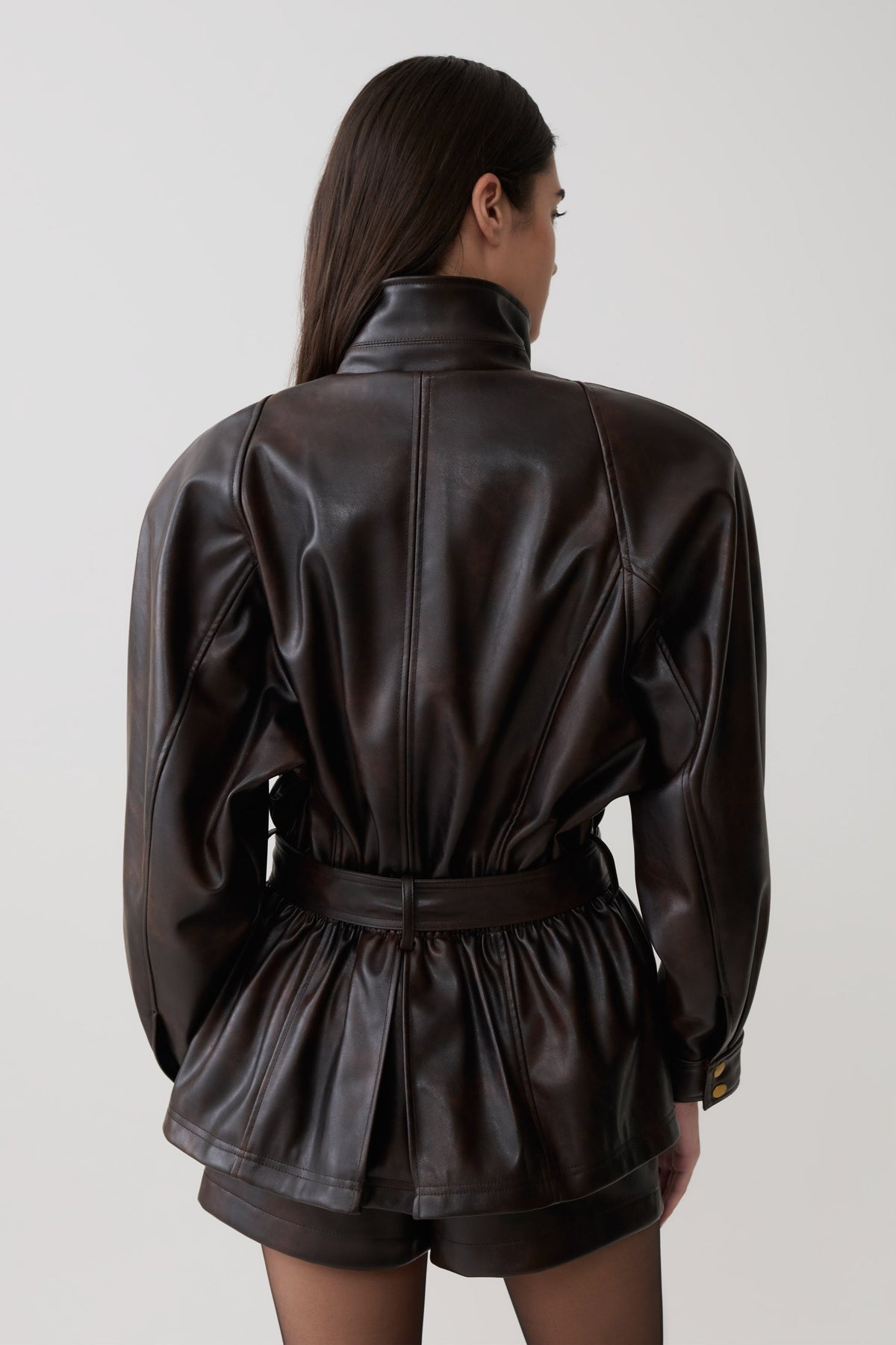 Adaline Faux Leather Cinch Waist Jacket - Dark Chocolate #2