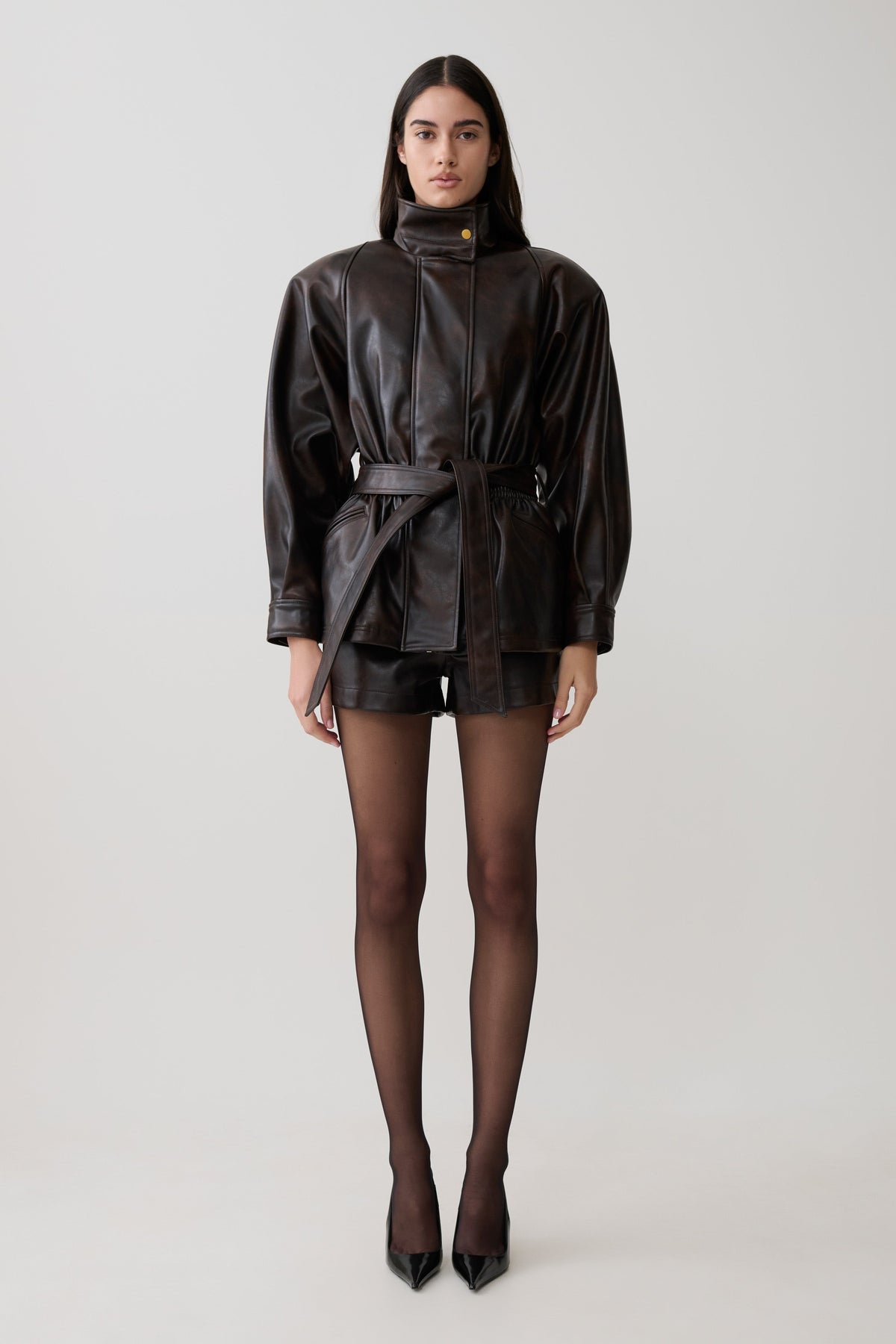 Adaline Faux Leather Cinch Waist Jacket - Dark Chocolate #7