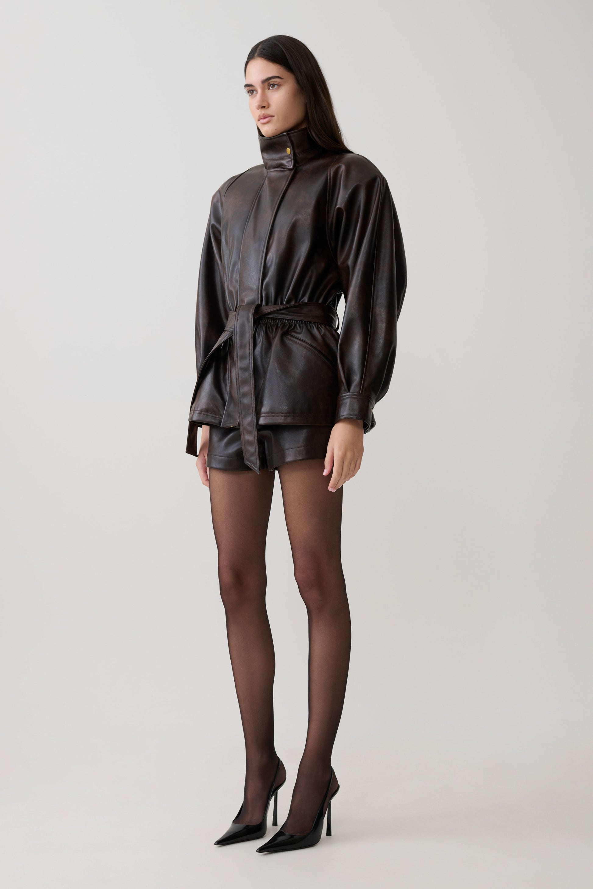 Adaline Faux Leather High Waisted Shorts - Dark Chocolate #4