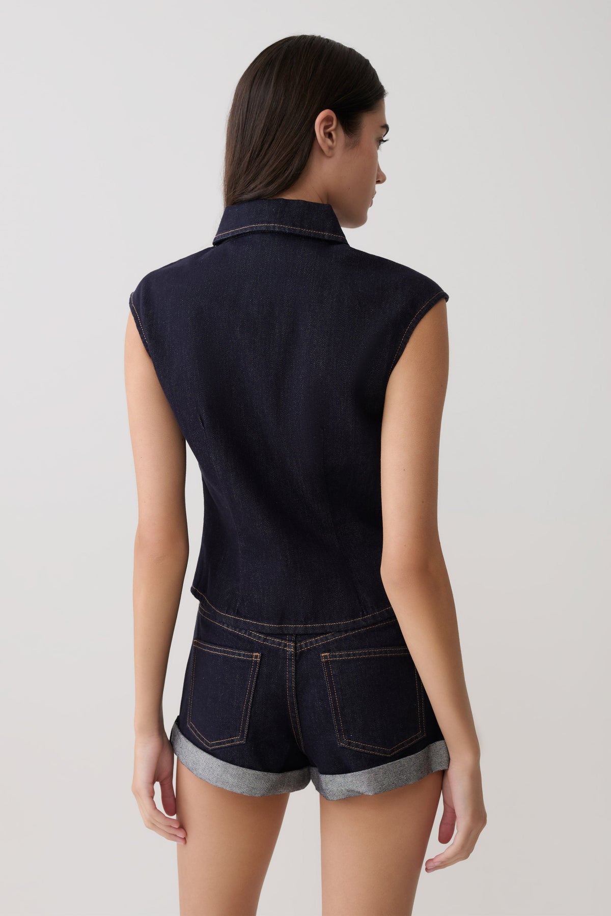 Jeremy Collared Denim Longline Top - Washed Indigo Blue #2