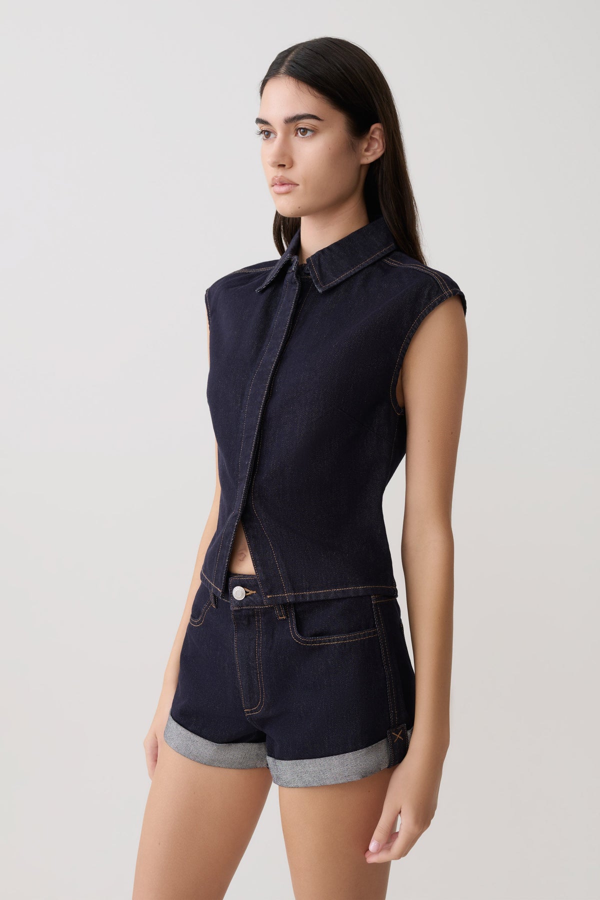 Jeremy Collared Denim Longline Top - Washed Indigo Blue #3