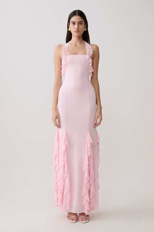Etta Ruffle Slinky Maxi Dress - Pale Pink