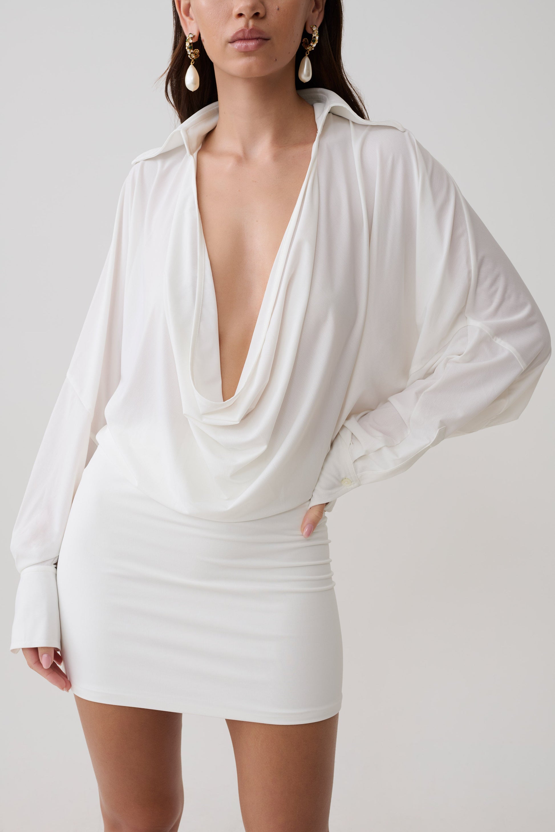 Soleia Cowl Drape Shirt Dress - White #3
