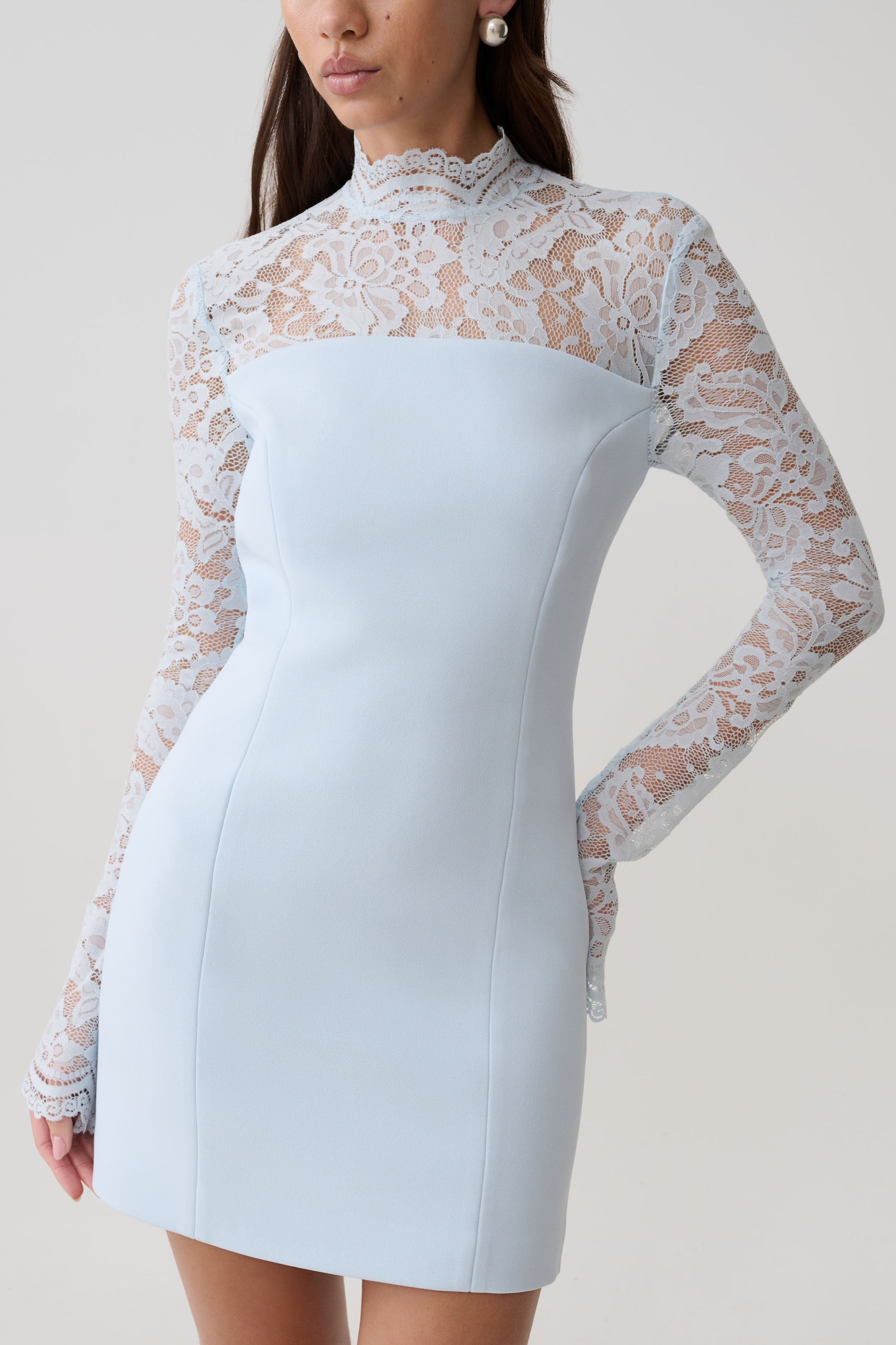 Aurelie Long Sleeve Lace Mini Dress - Sky Blue #3