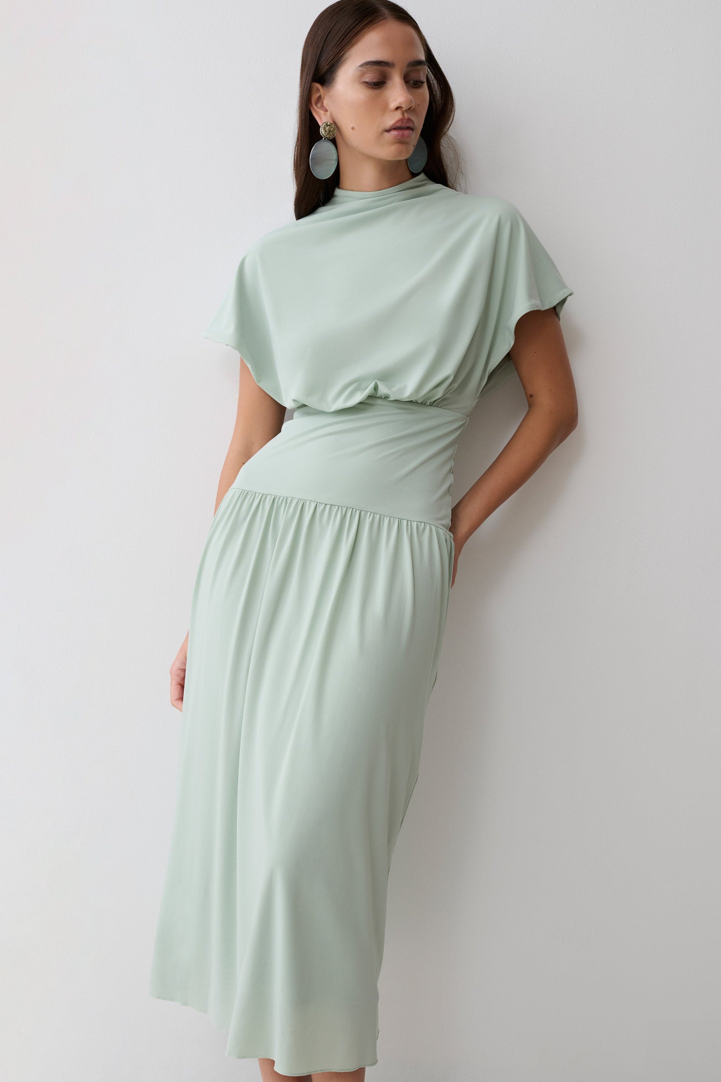 Ailla High Neck Cowl Midi Dress - Aqua Grey
