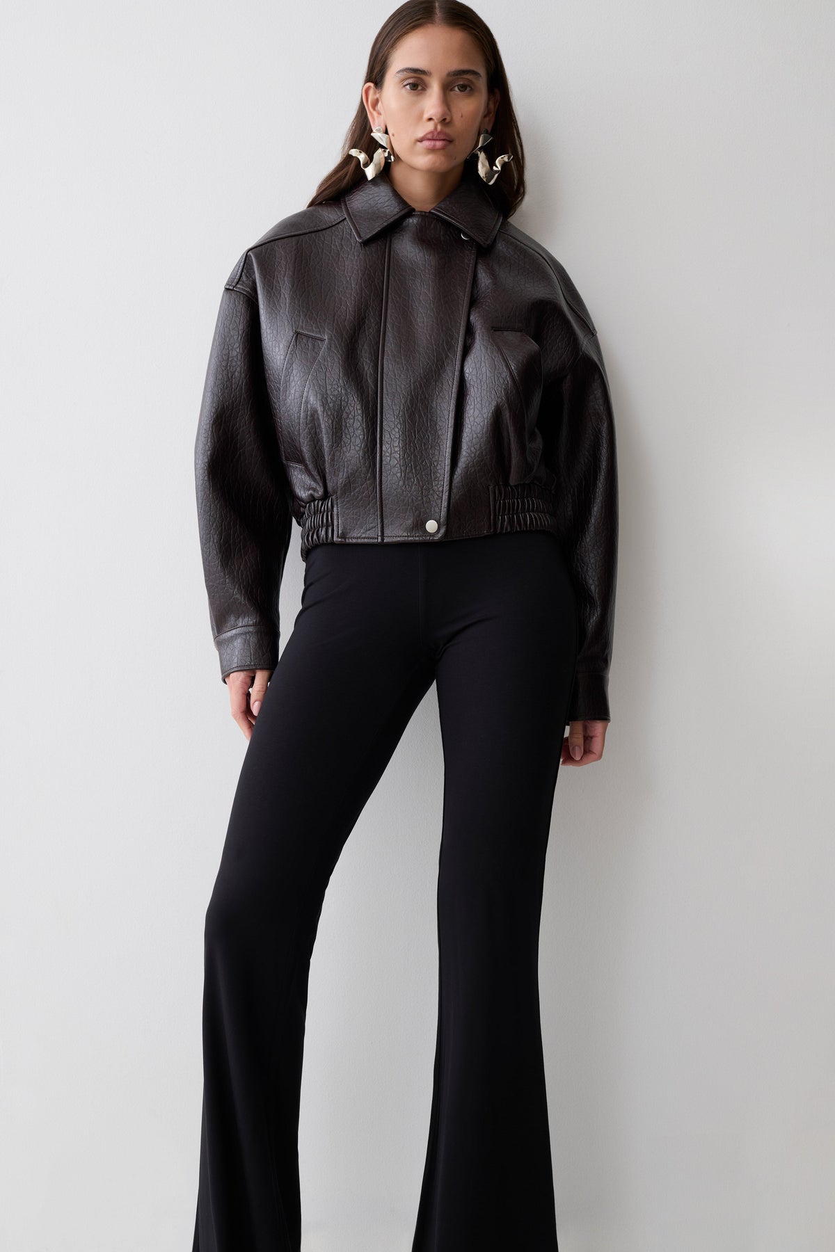 Paige Faux Leather Cropped Jacket - Cherry Brown #4
