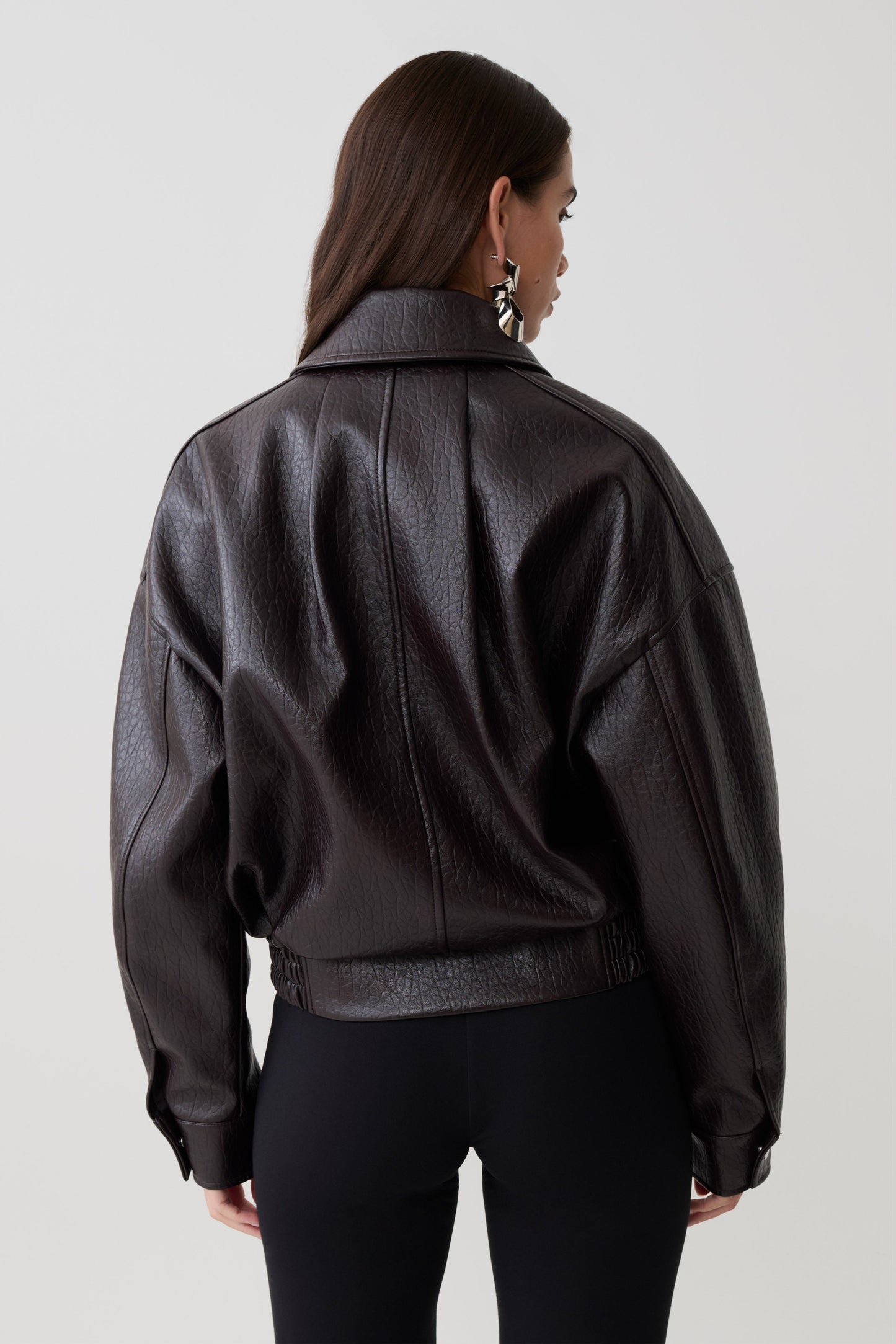 Paige Faux Leather Cropped Jacket - Cherry Brown