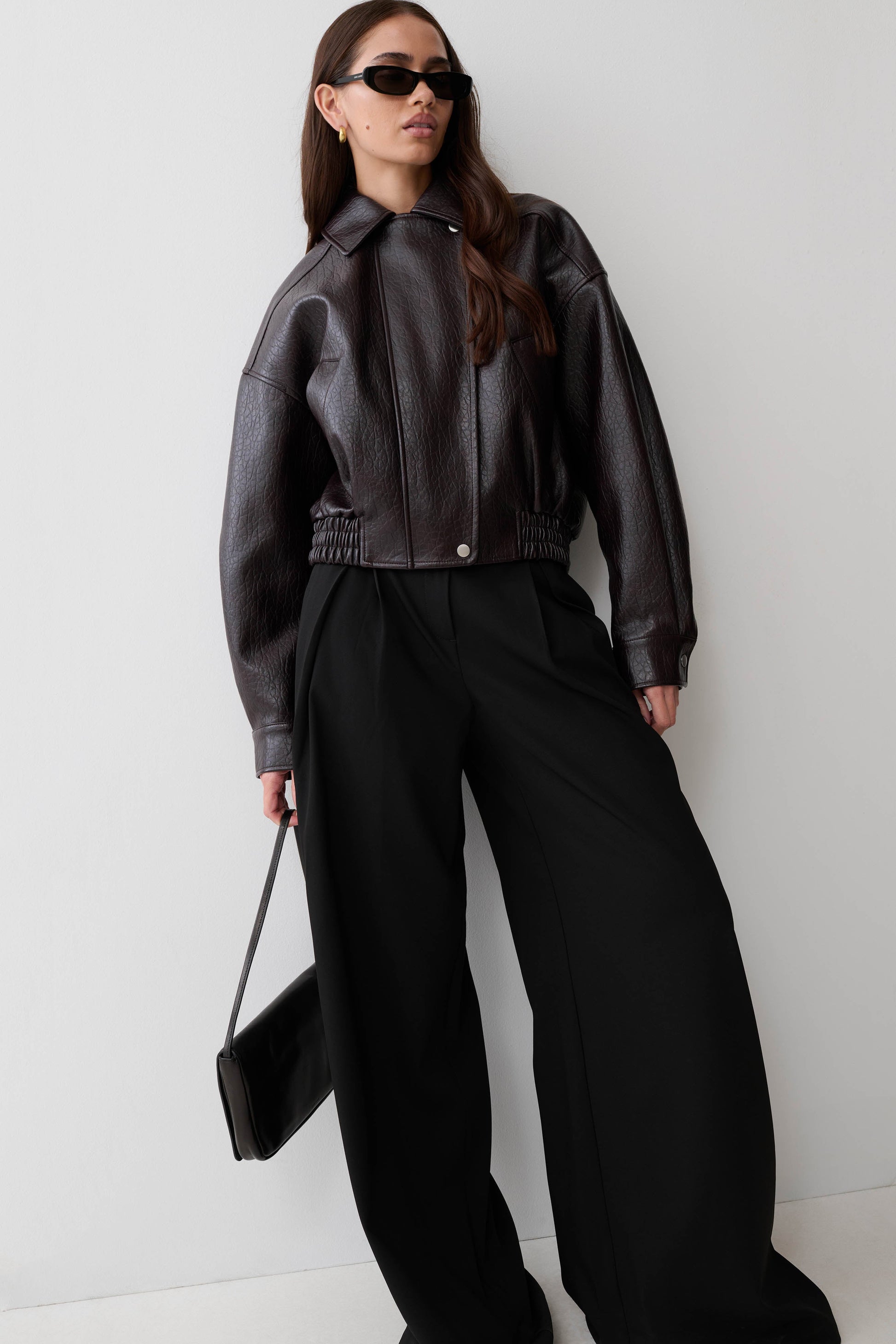 Paige Faux Leather Cropped Jacket - Cherry Brown #9