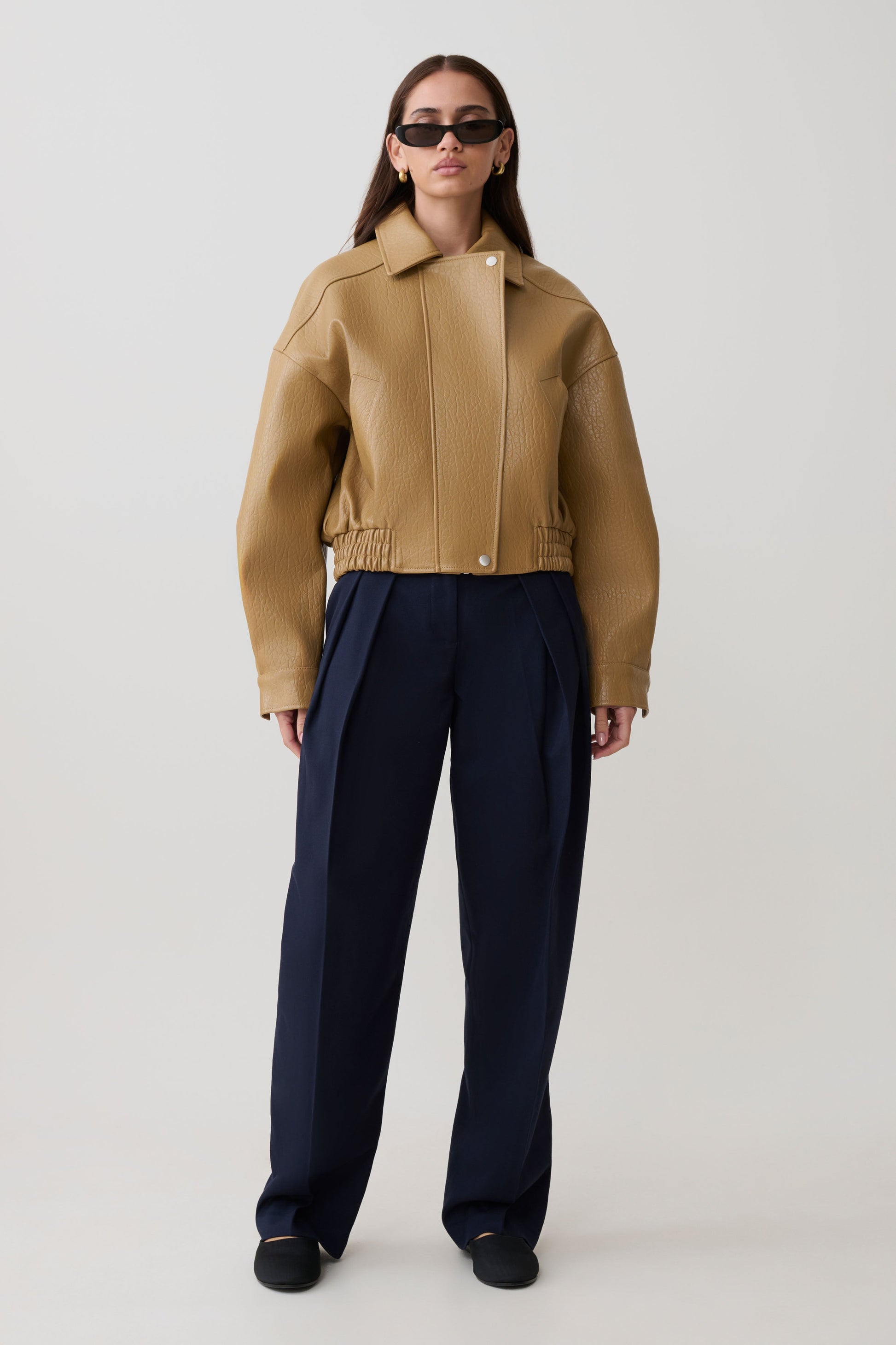 Paige Faux Leather Cropped Jacket - Beige #6