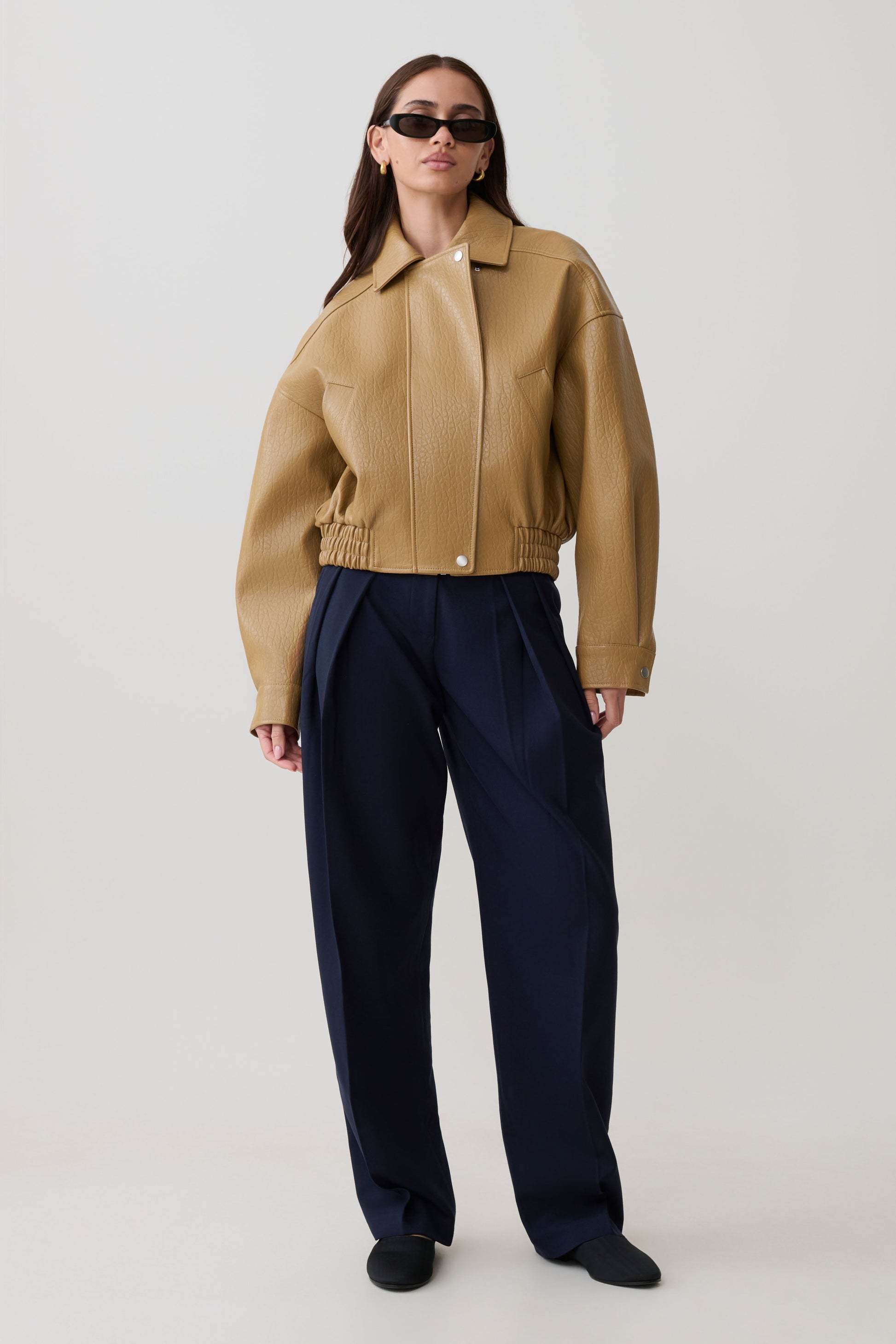 Paige Faux Leather Cropped Jacket - Beige #7
