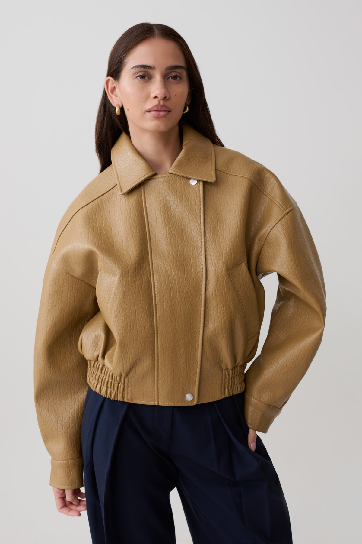 Paige Faux Leather Cropped Jacket - Beige #4