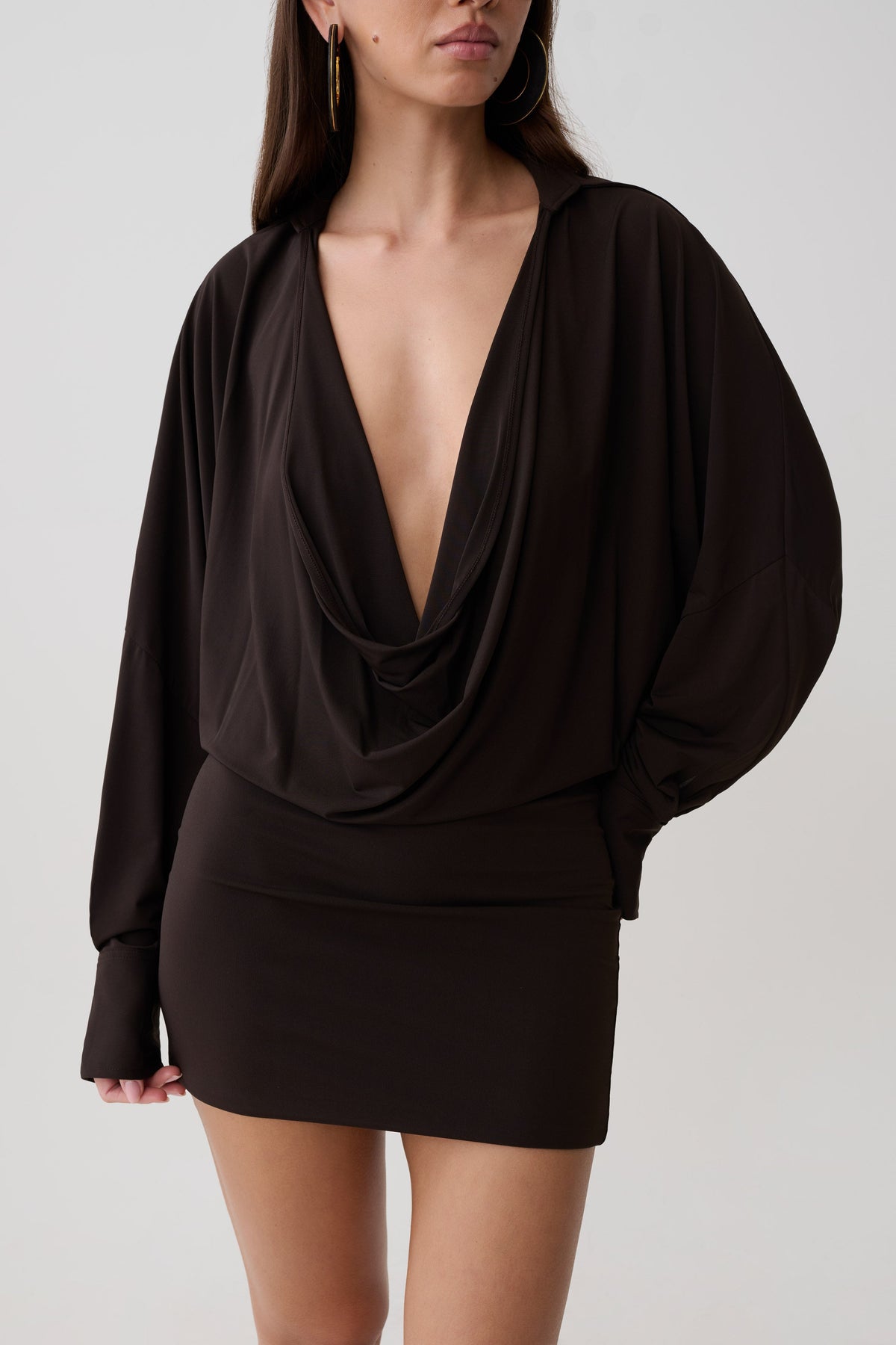 Soleia Cowl Drape Shirt Dress - Bitter Chocolate #3