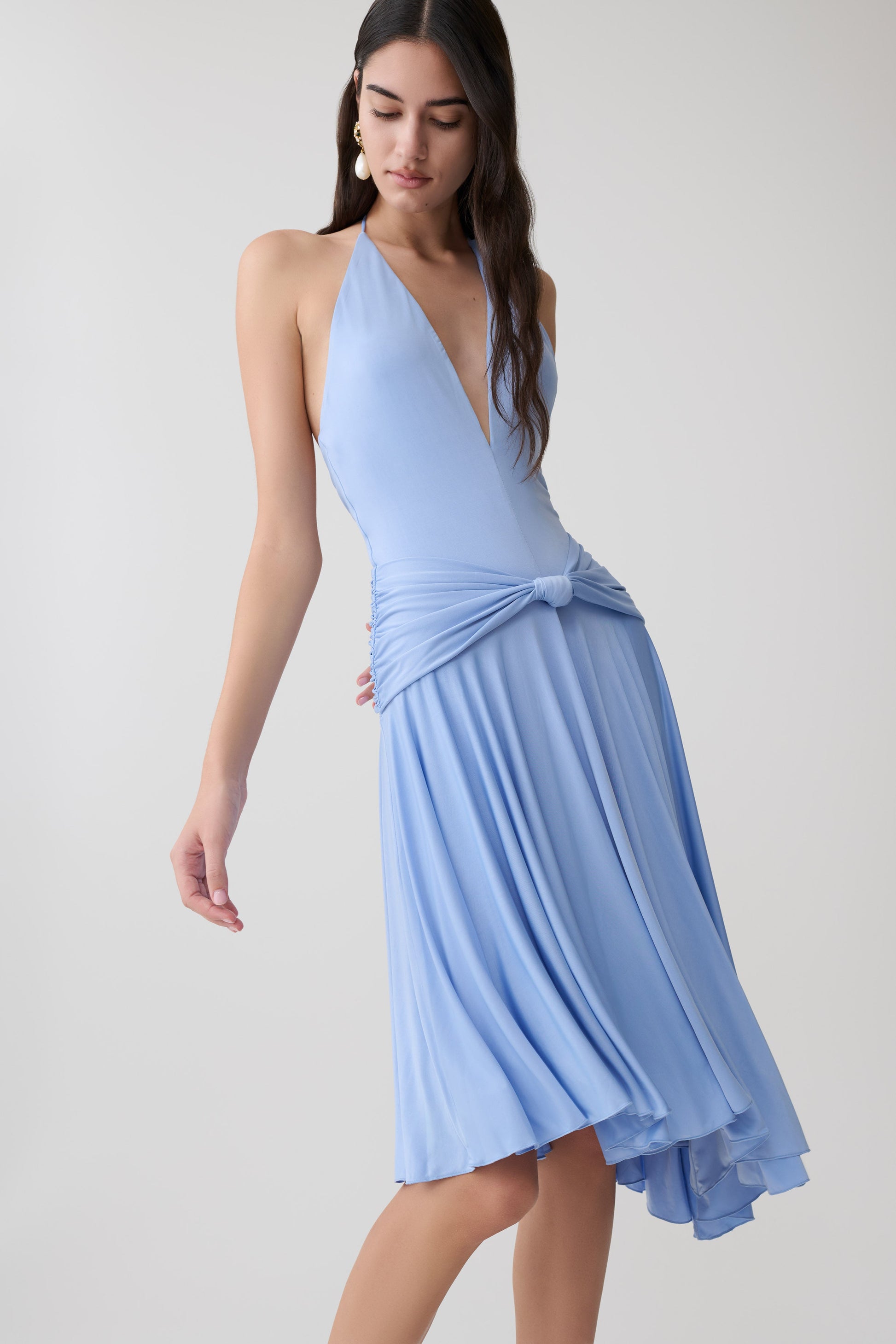 Zelda Asymmetric Slinky Midi Dress - Cornflower Blue #3