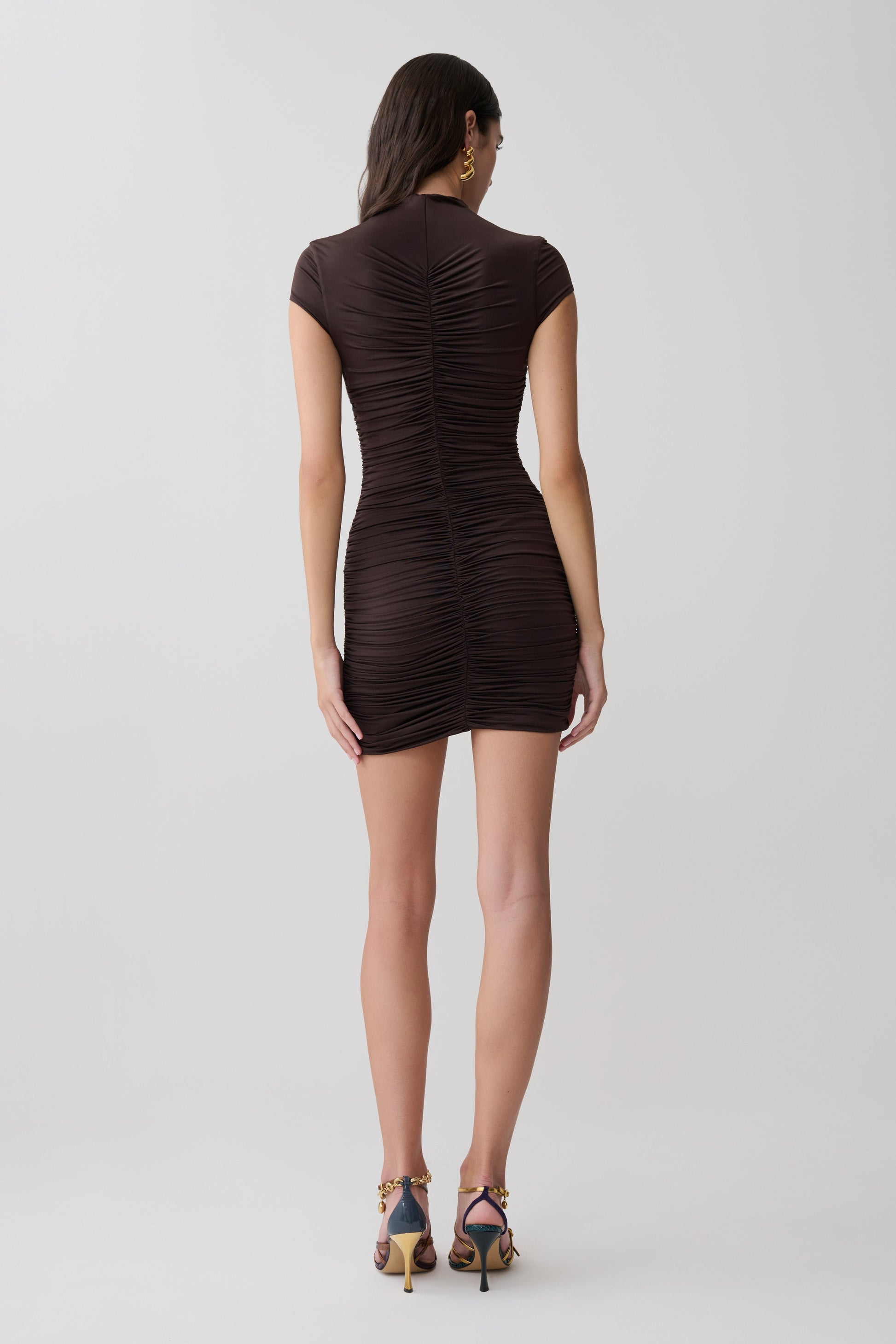 Alphine Gathered Short Sleeve Mini Dress - Chocolate #2