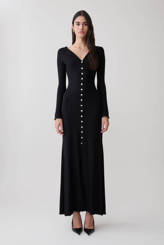 Tanya Buttoned Long Sleeve Maxi Dress - Black