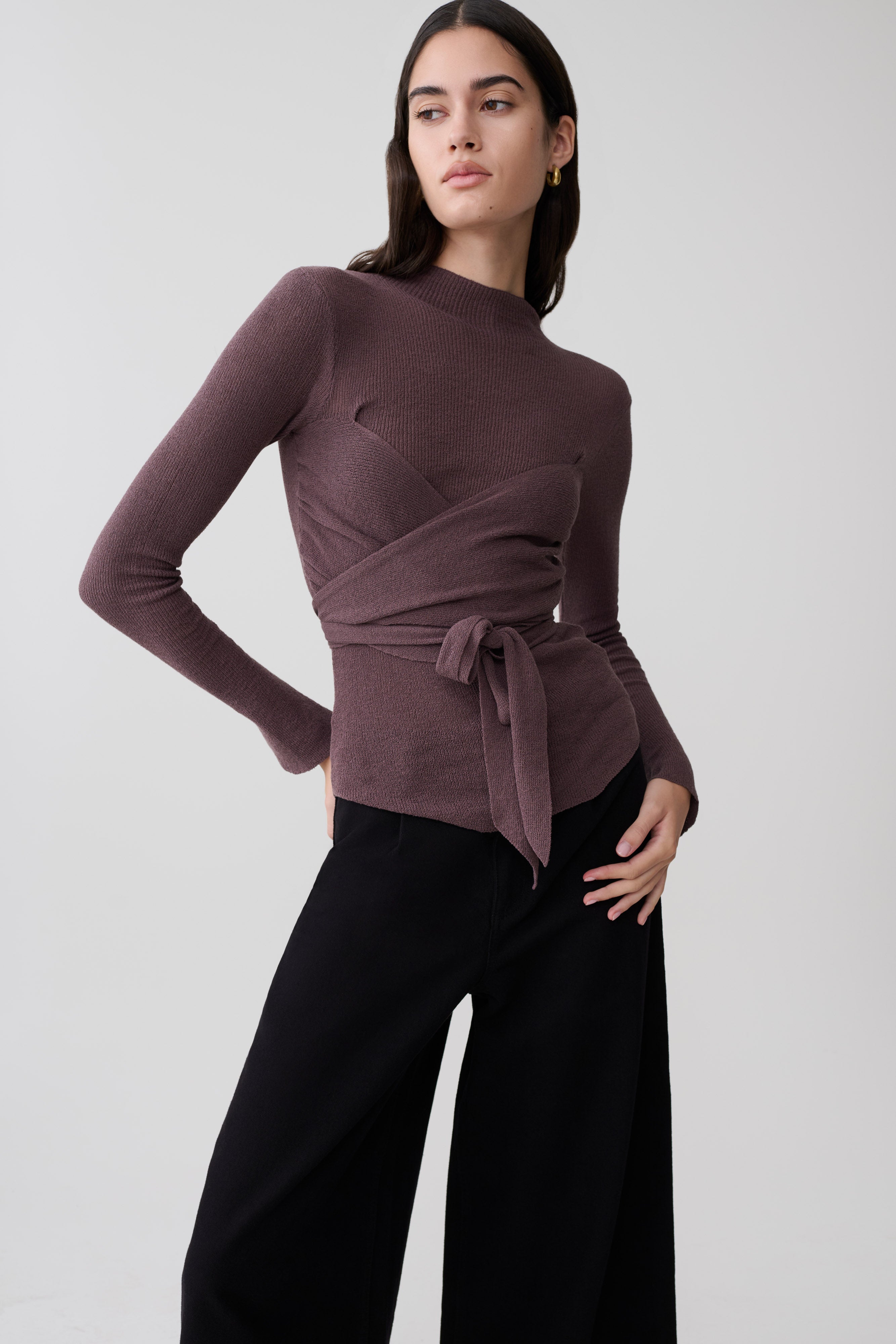 Lawson Wrap Knit Long Sleeve Top - Peppercorn | MESHKI UK