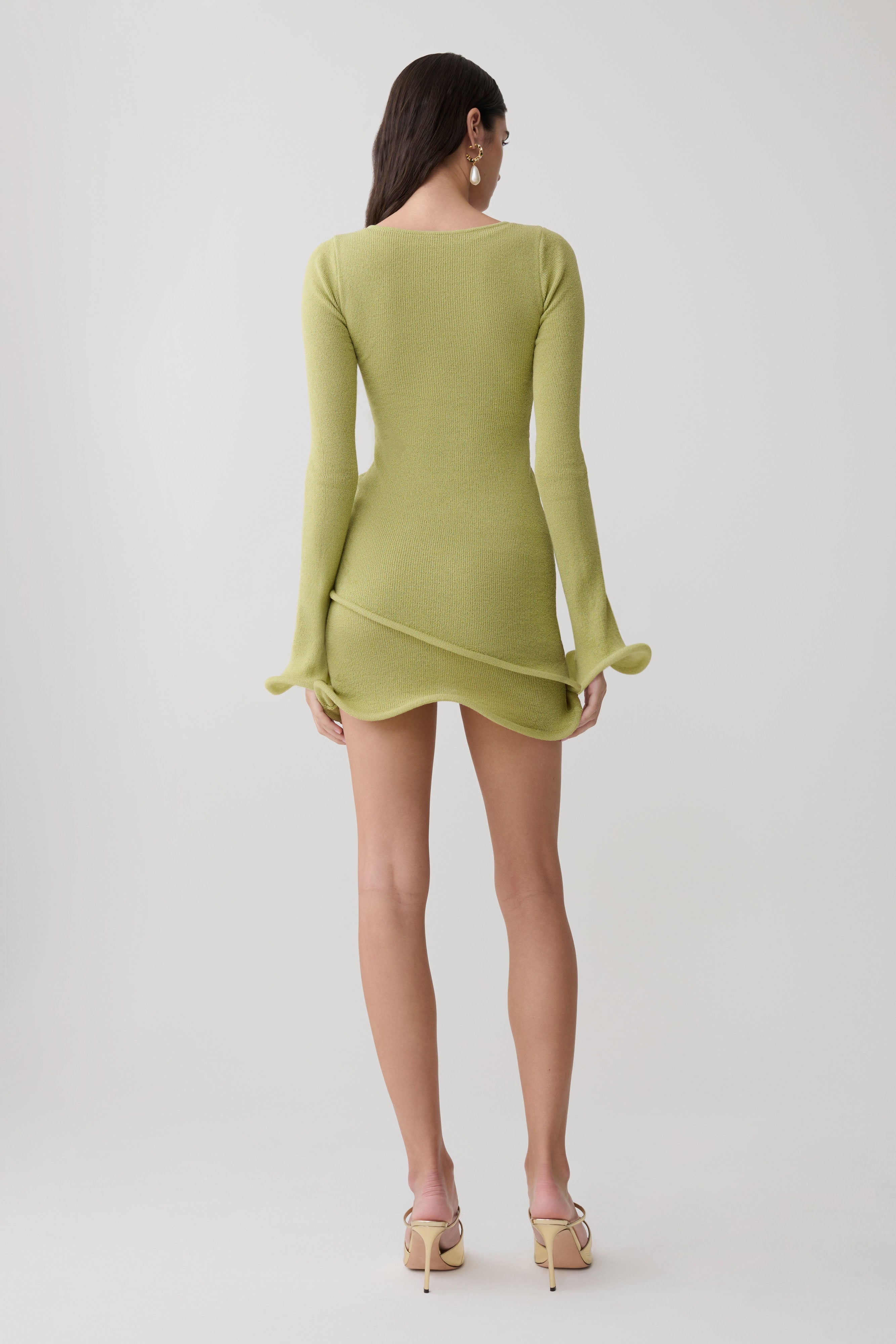 Samira Knit Long Sleeve Mini Dress - Light Olive | MESHKI UK