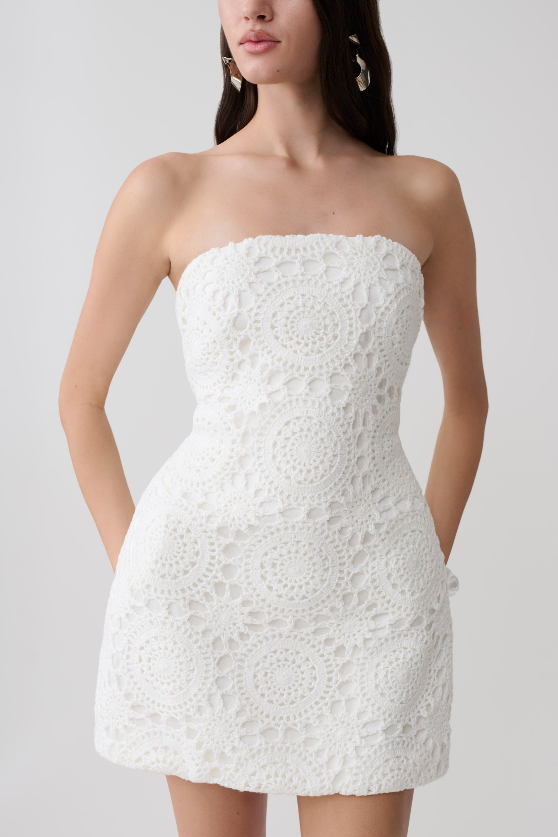 Stasia Strapless Crochet Mini Dress - White #3