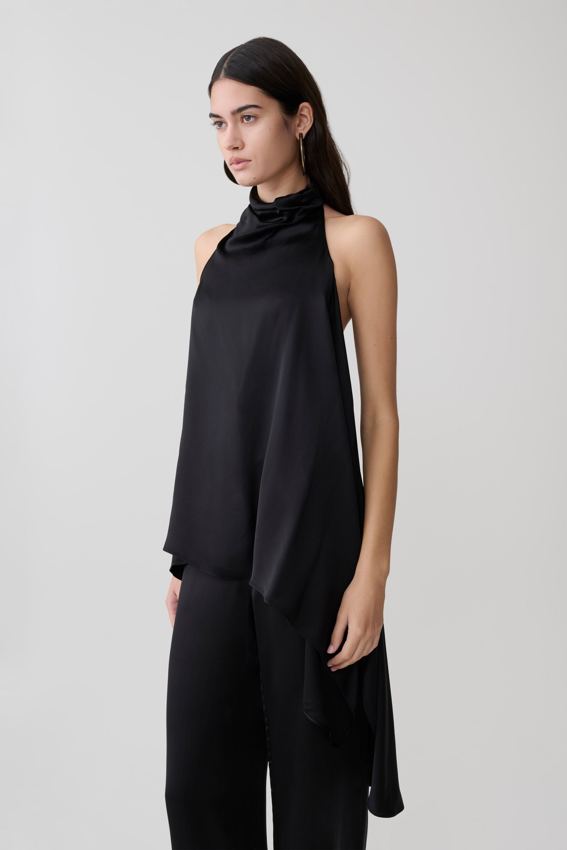 Sydney Asymmetrical Satin Halter Top - Black #4