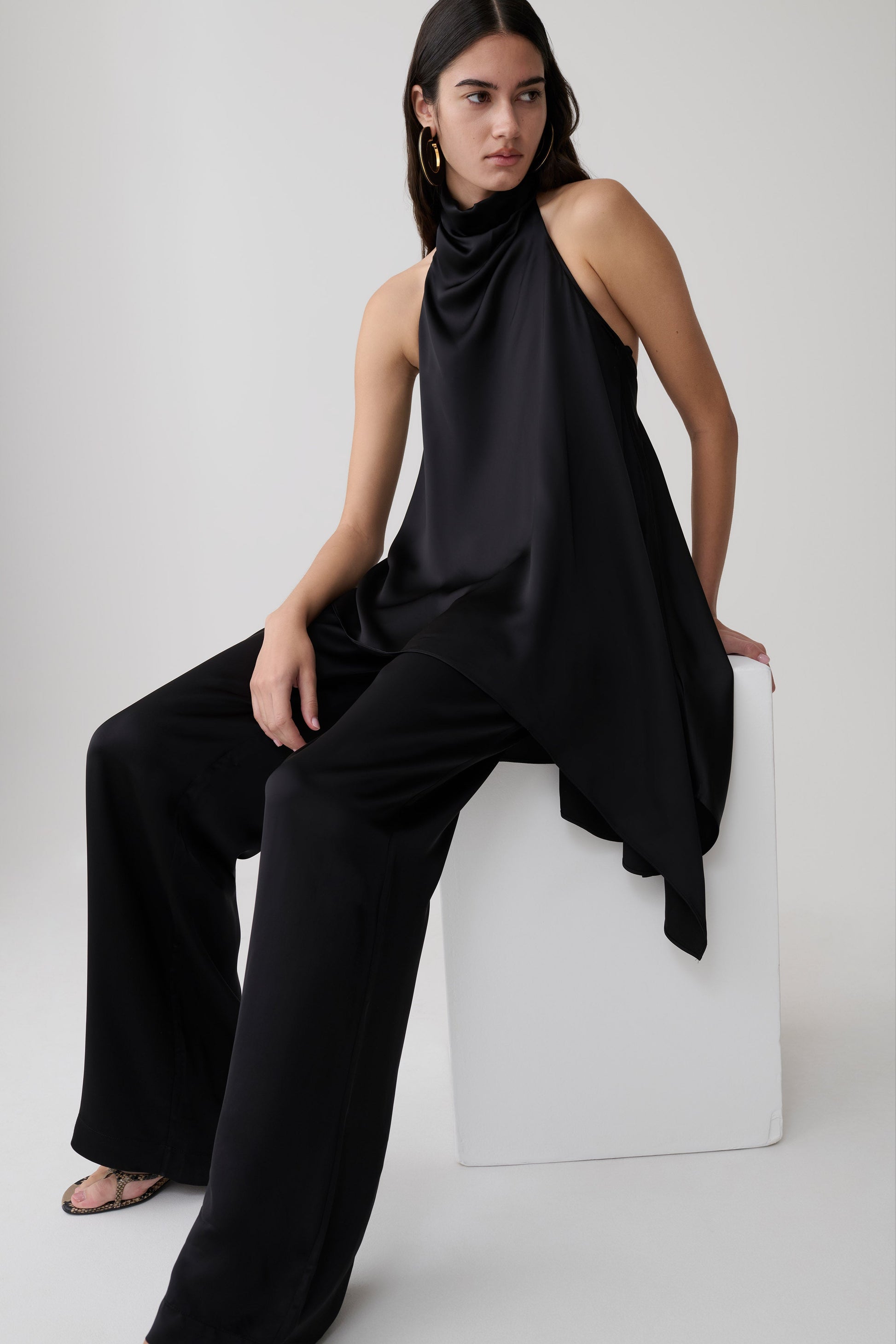 Sydney Asymmetrical Satin Halter Top - Black #3