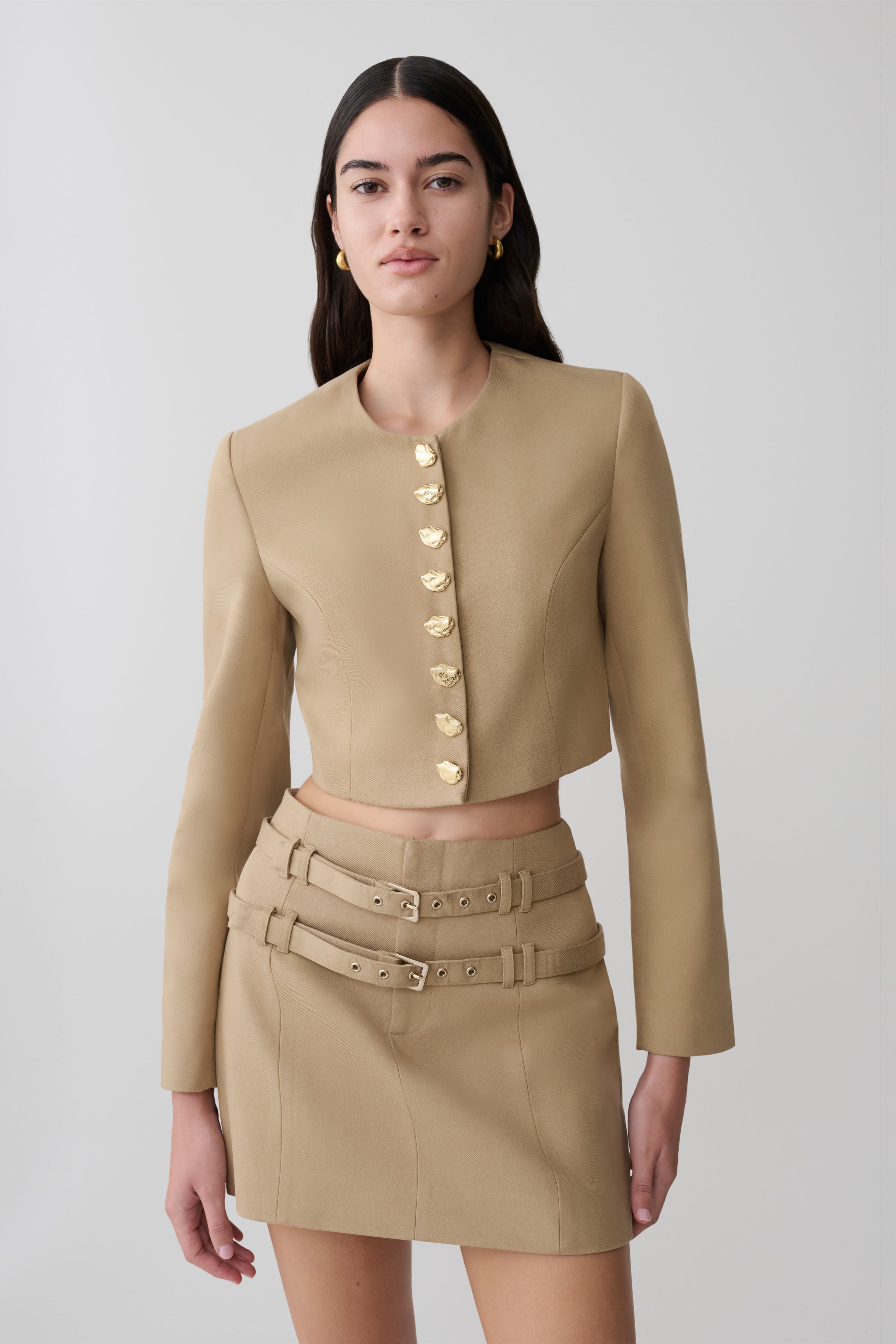 Marielle Button Up Cropped Jacket - Taupe | MESHKI UK