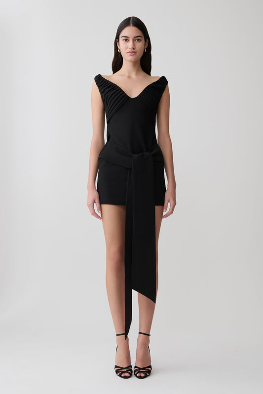 Runa Off Shoulder Mini Dress With Waist Tie - Black