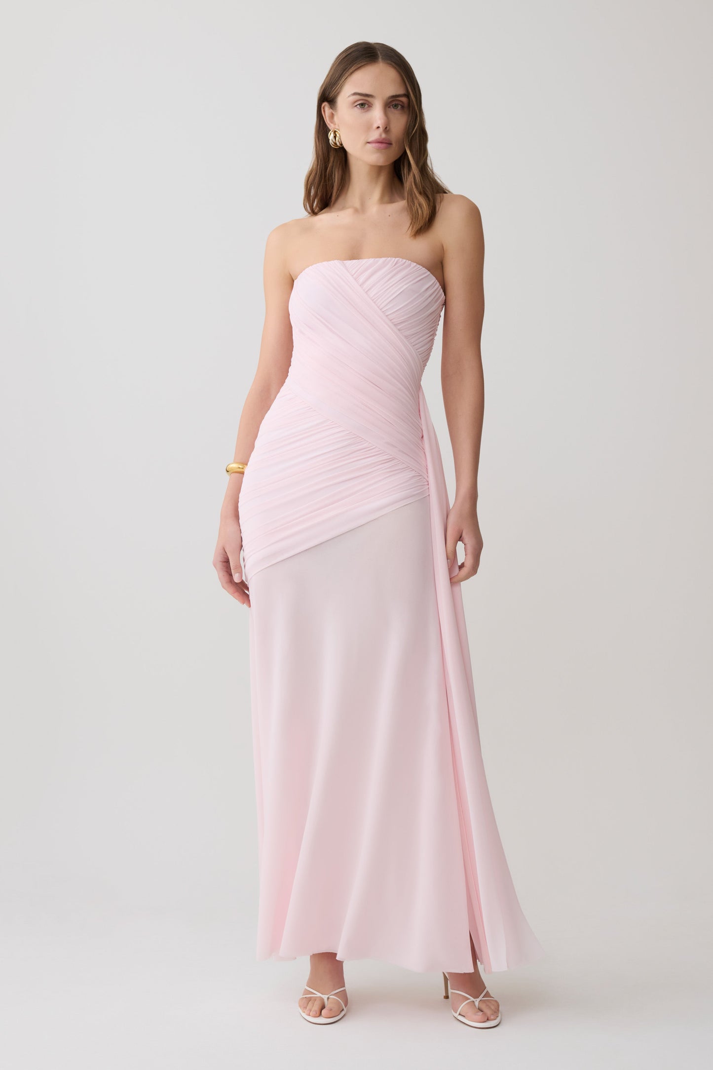 Monet Strapless Ruched Mesh Maxi Dress - Ballet Pink