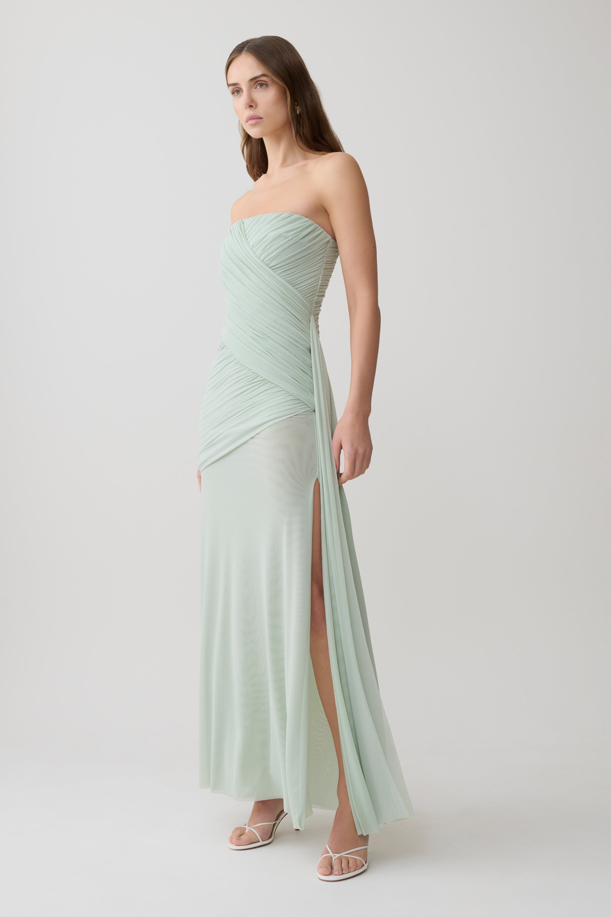 Monet Strapless Ruched Mesh Maxi Dress - Aqua Grey #4