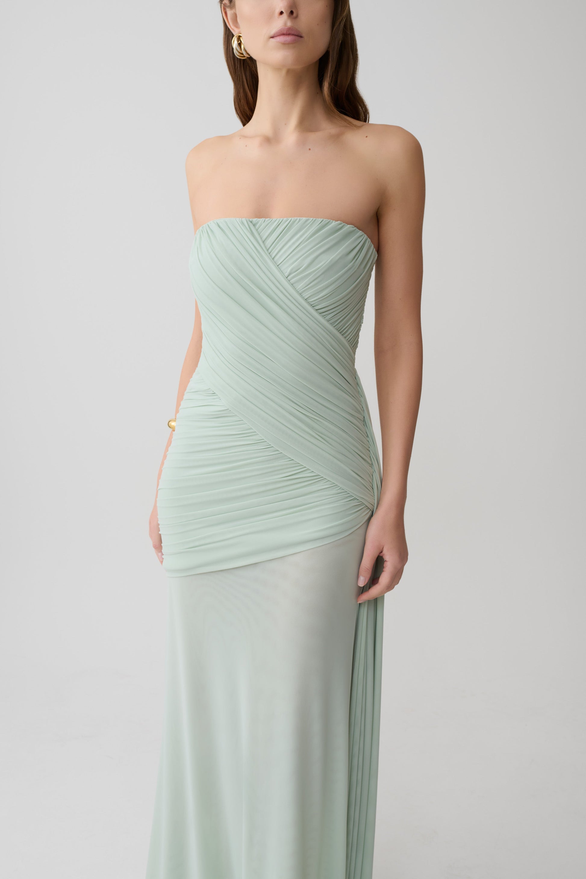 Monet Strapless Ruched Mesh Maxi Dress - Aqua Grey #3