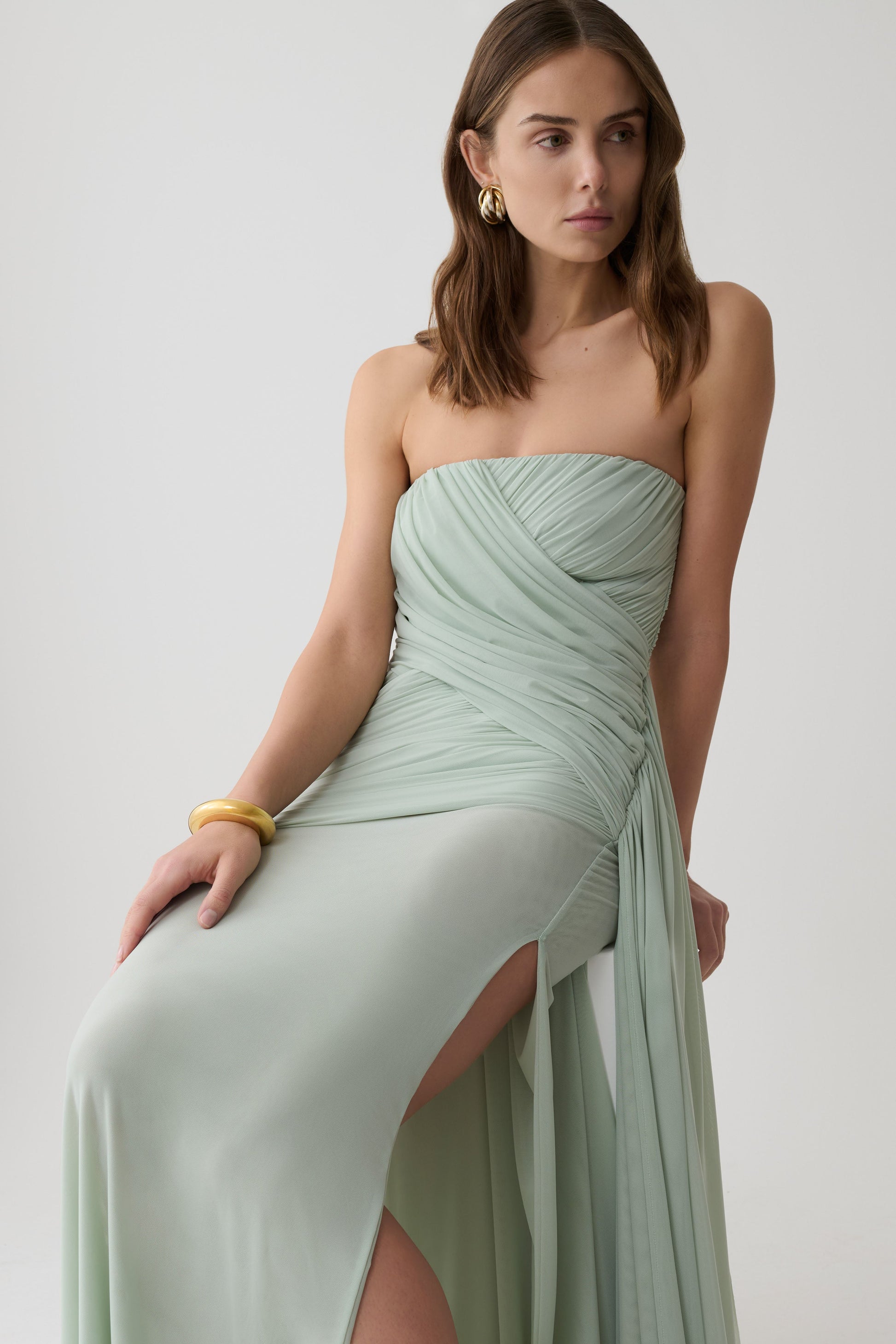 Monet Strapless Ruched Mesh Maxi Dress - Aqua Grey #6