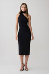 Woman wearing a black one shoulder tie midi dress.