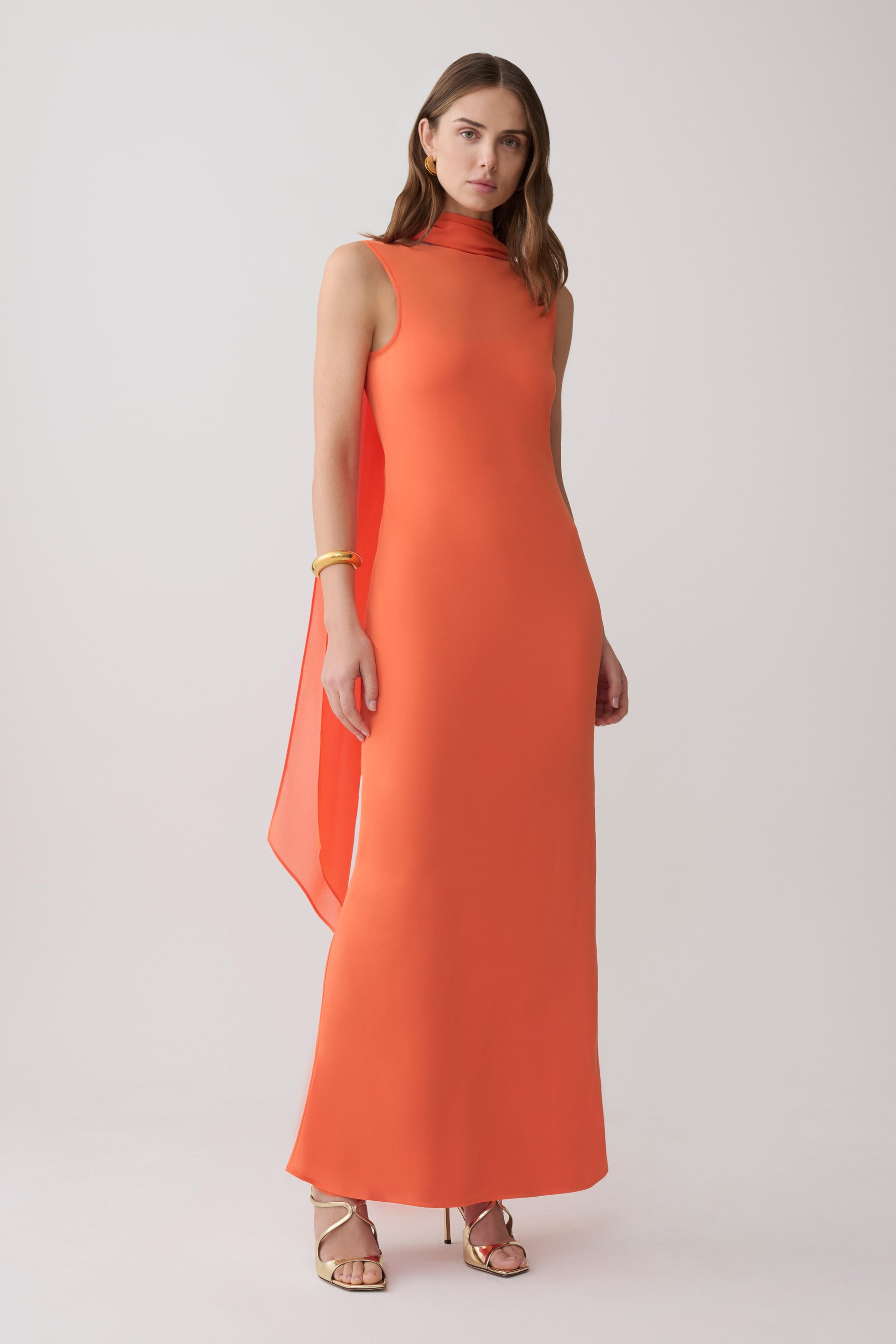 Dakota Chiffon Maxi Dress With Scarf - Orange #5