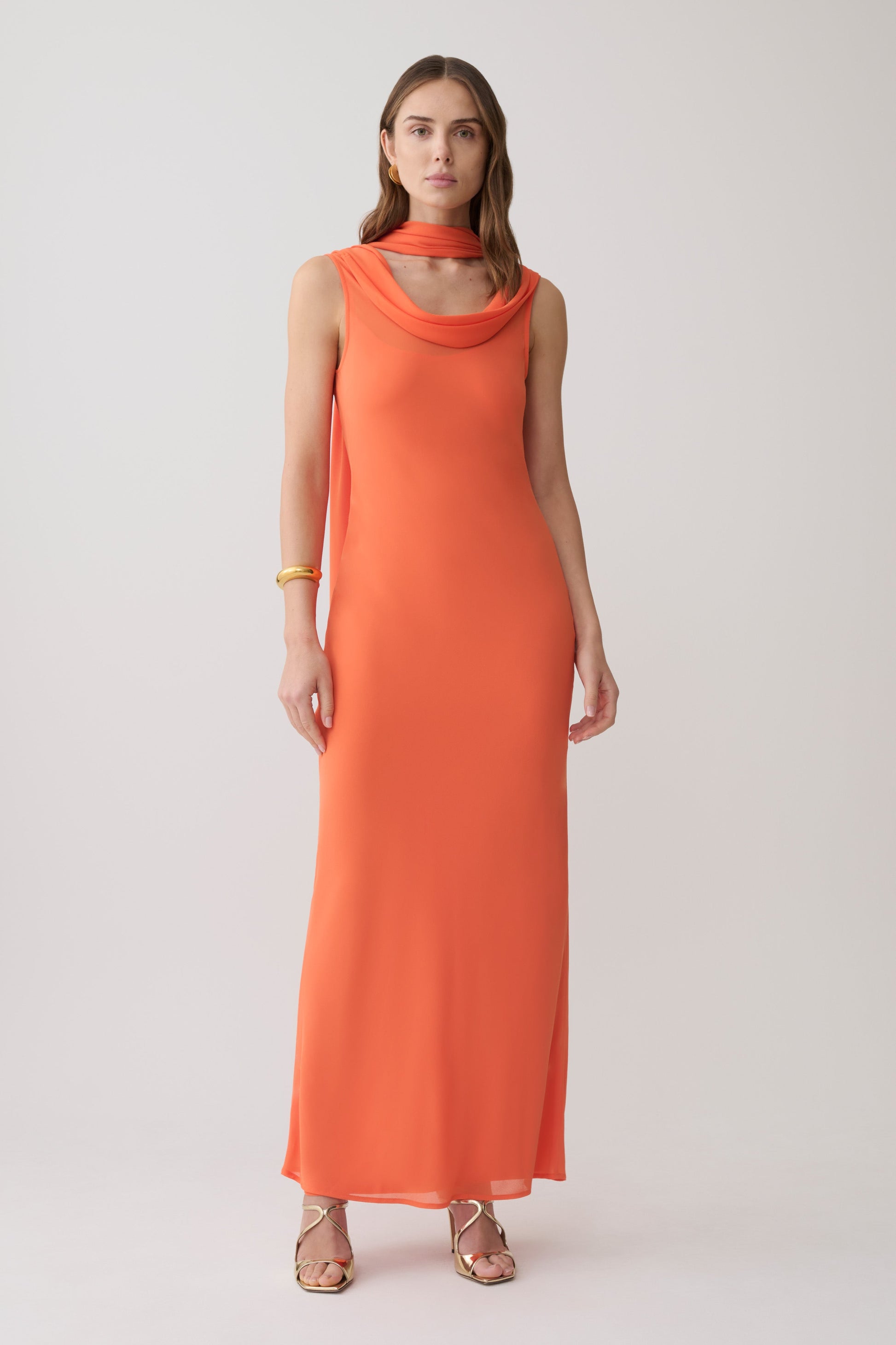 Dakota Chiffon Maxi Dress With Scarf - Orange #6