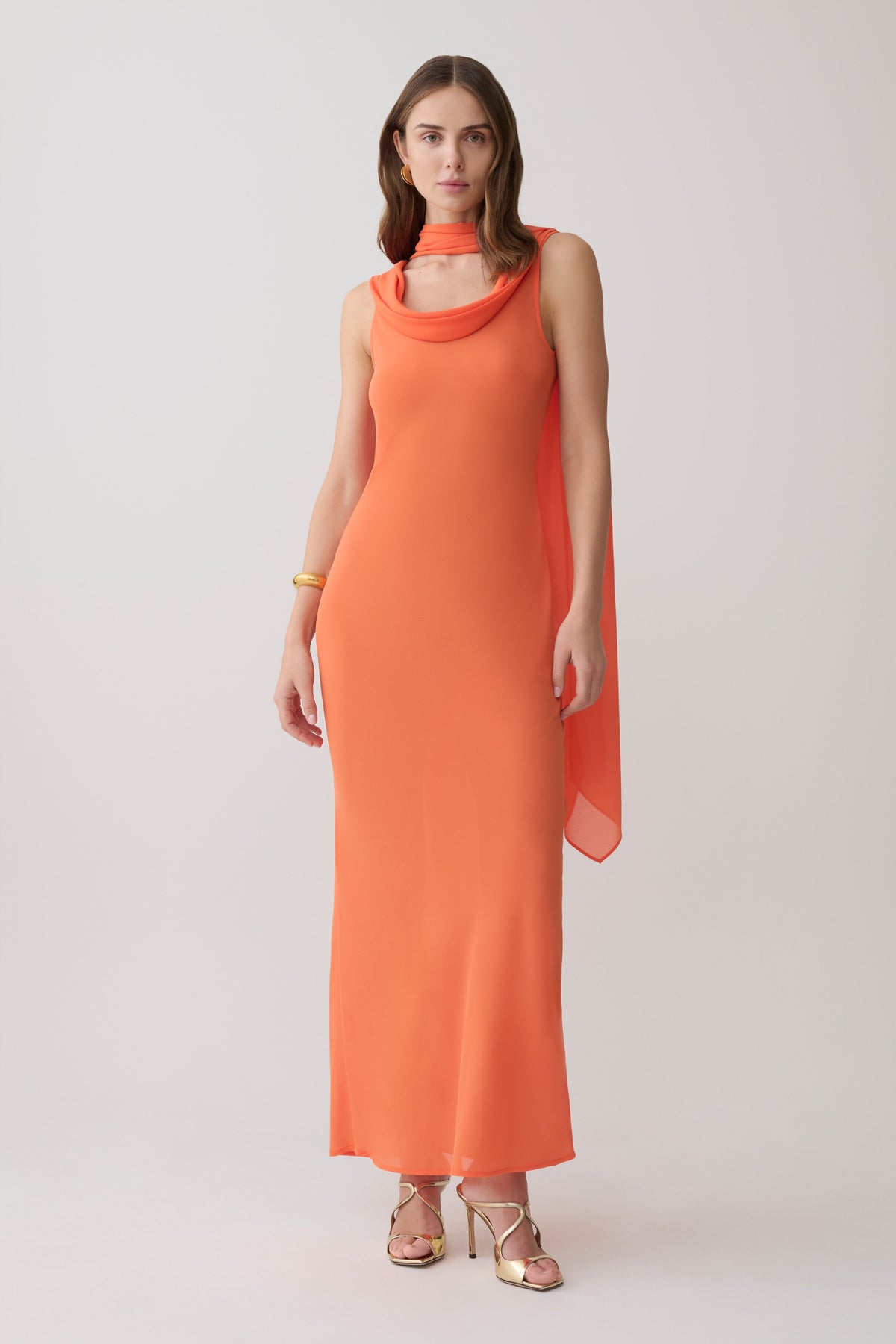 Dakota Chiffon Maxi Dress With Scarf - Orange