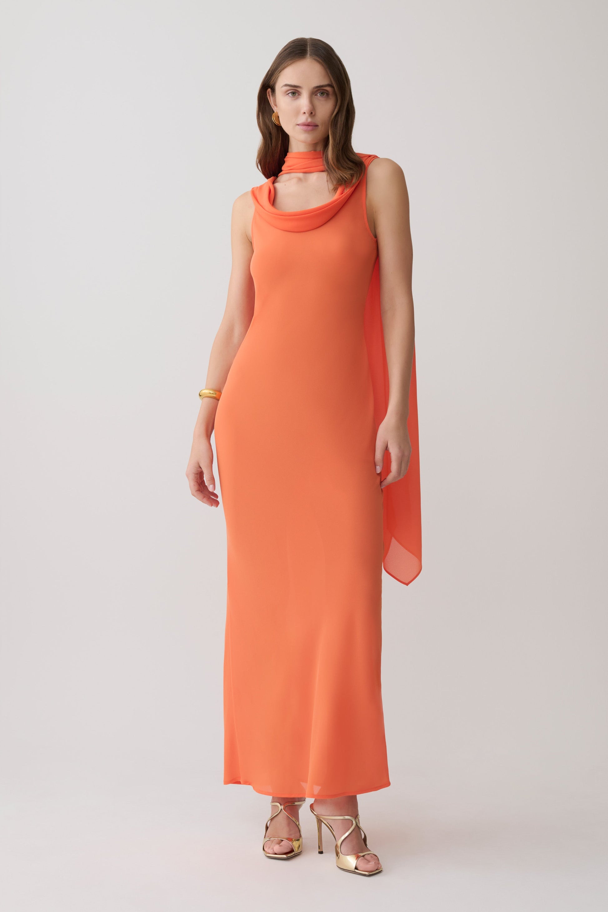 Dakota Chiffon Maxi Dress With Scarf - Orange #9