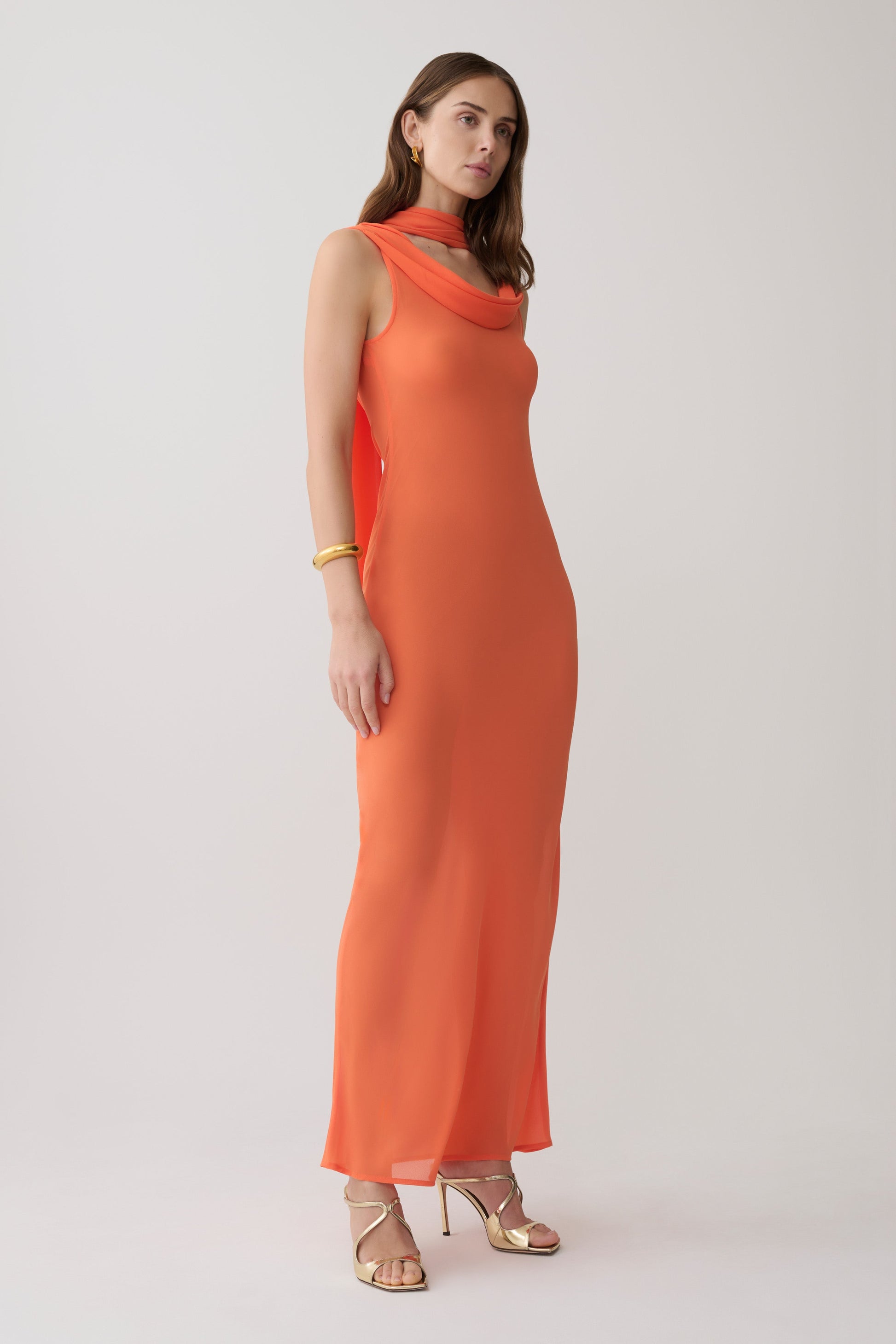 Dakota Chiffon Maxi Dress With Scarf - Orange #7