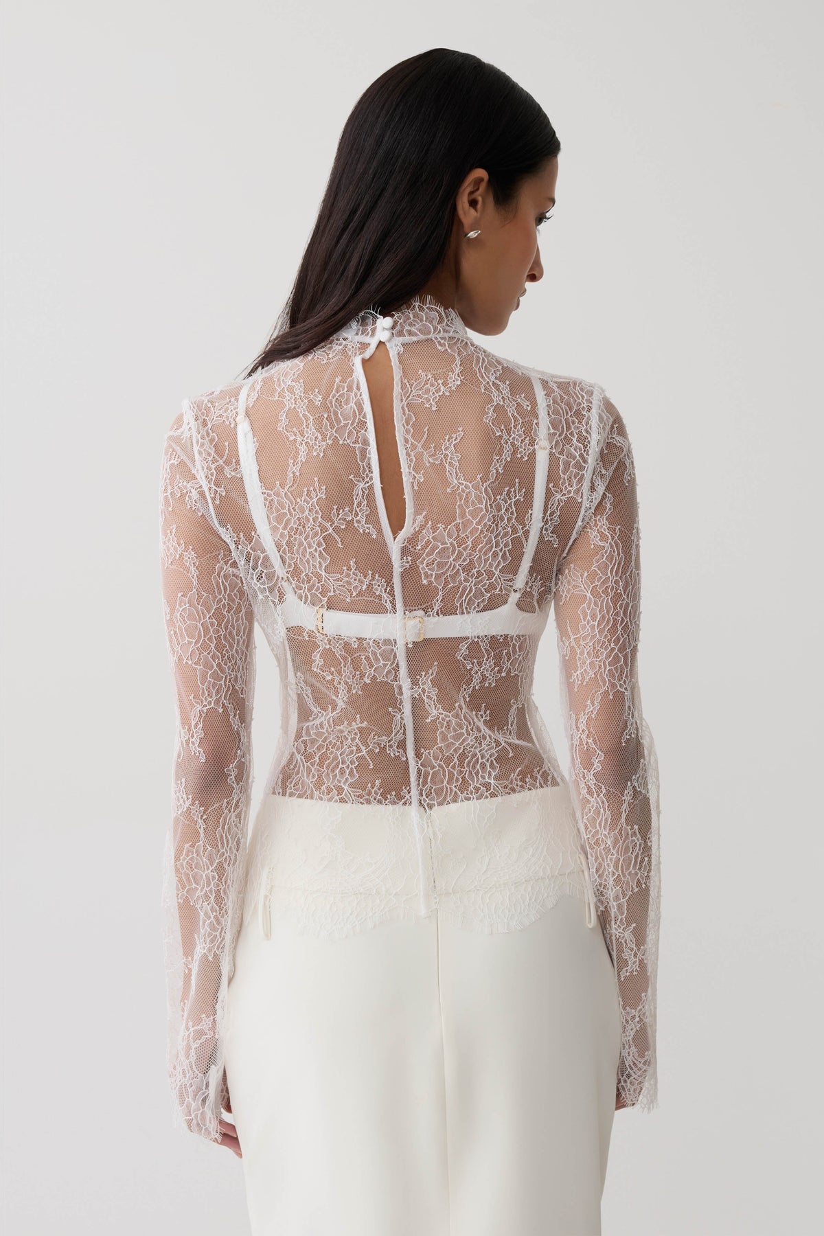 Alizette High Neck Long Sleeve Lace Top - Ivory #8