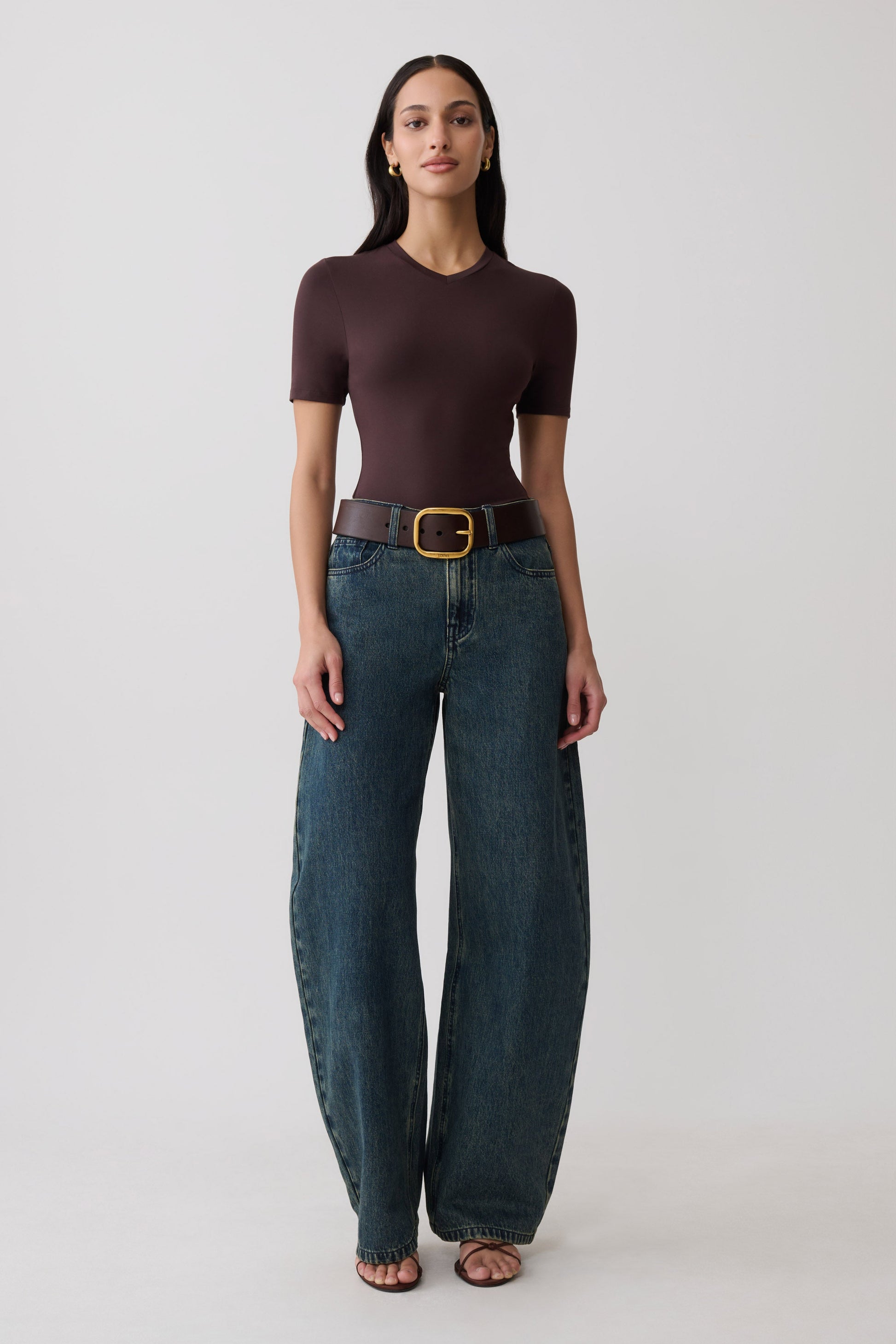 Janelle High V Neck Short Sleeve Top - Chocolate #7