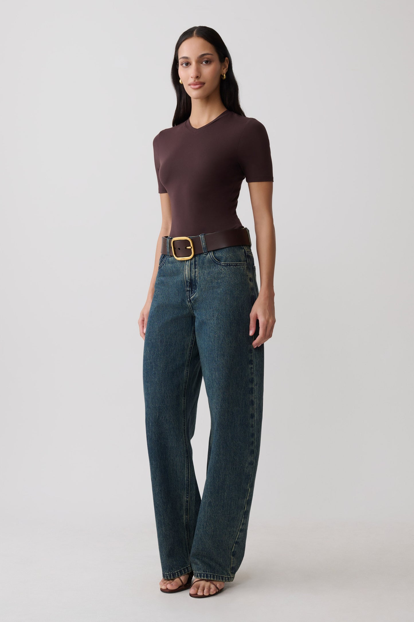 Janelle High V Neck Short Sleeve Top - Chocolate