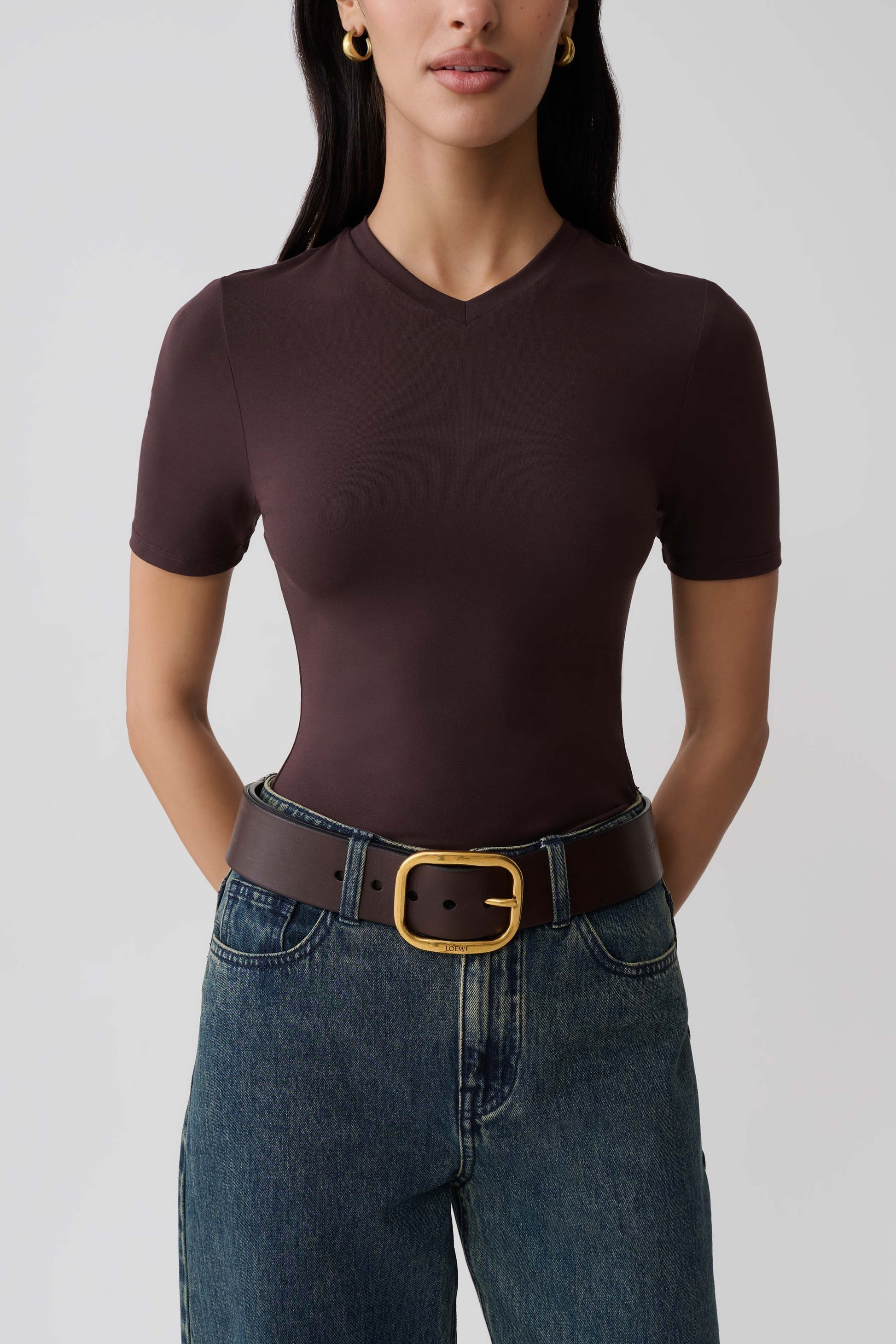 Janelle High V Neck Short Sleeve Top - Chocolate