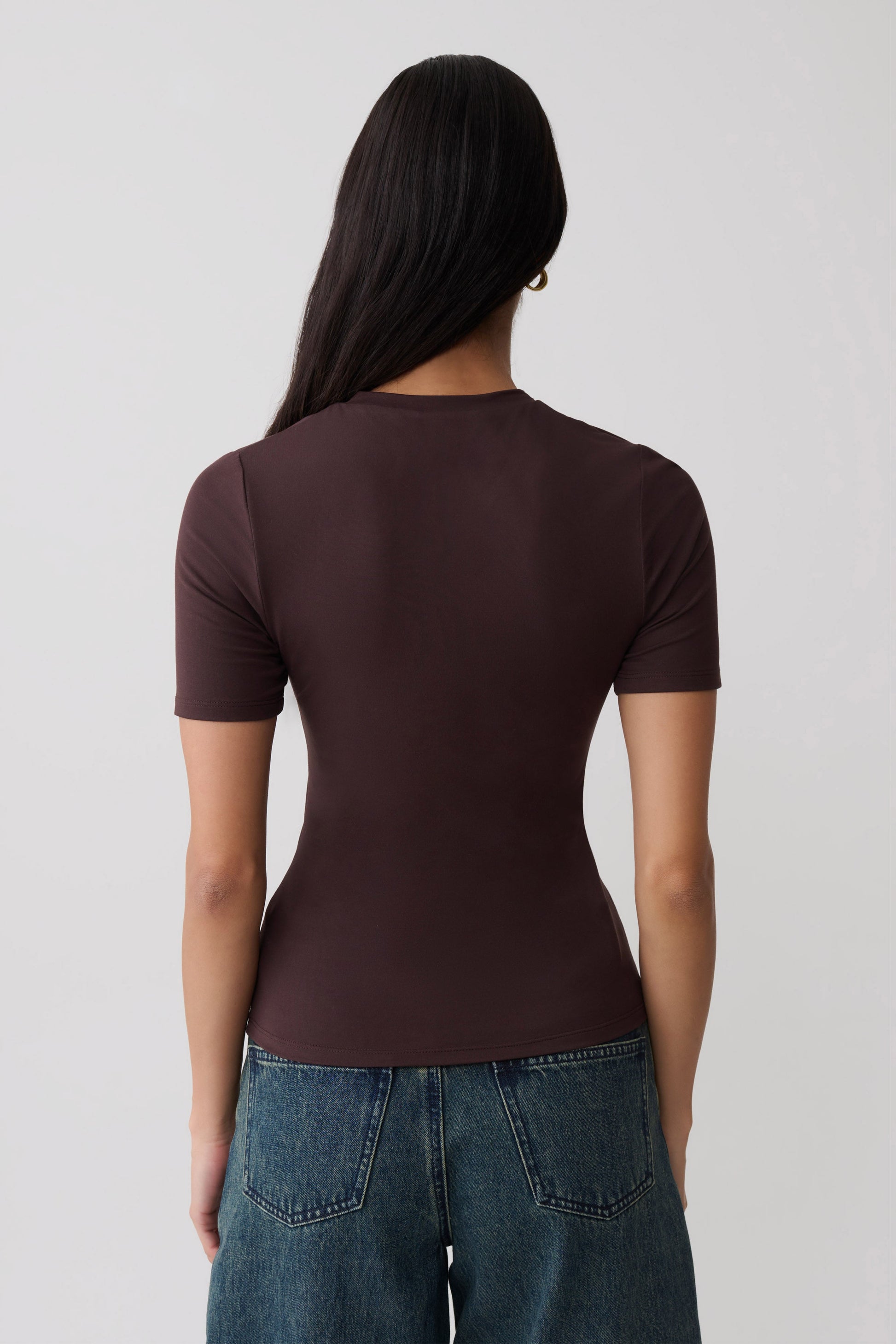 Janelle High V Neck Short Sleeve Top - Chocolate #2