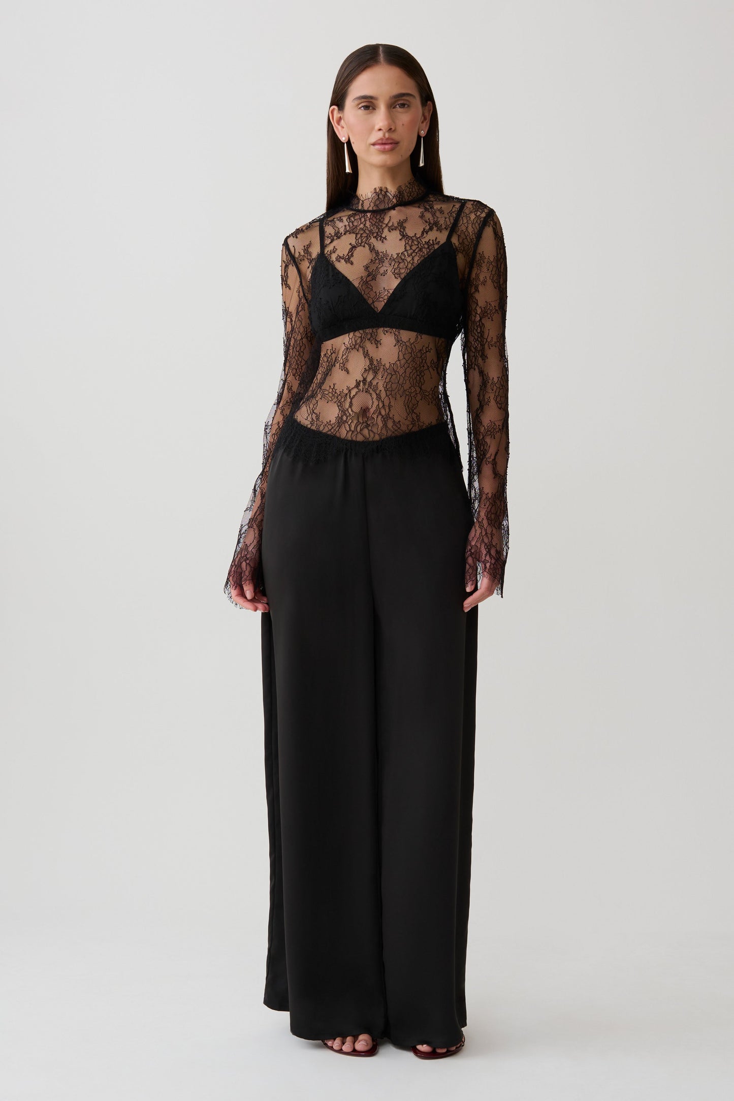 Alizette High Neck Long Sleeve Lace Top - Black