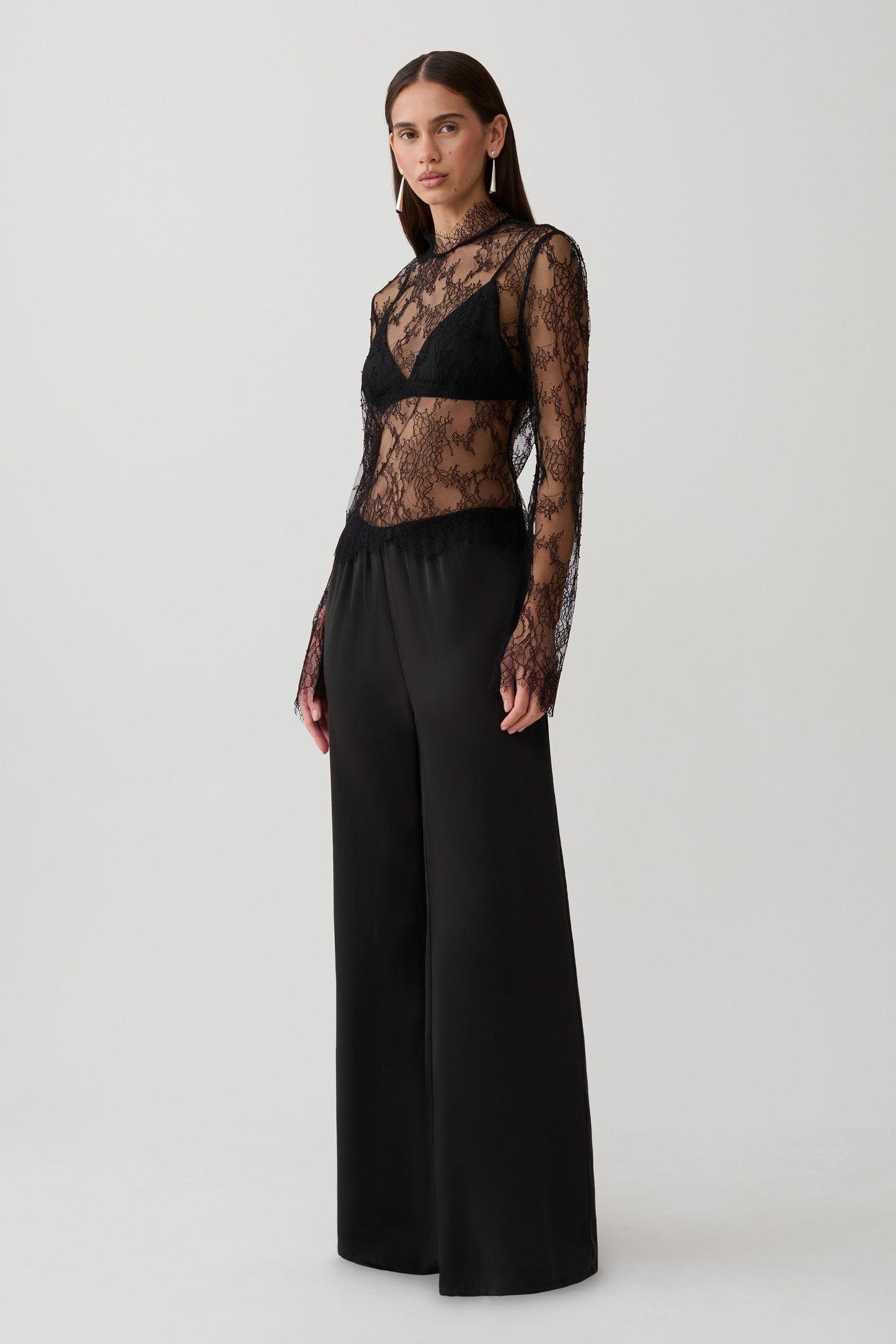 Alizette High Neck Long Sleeve Lace Top - Black