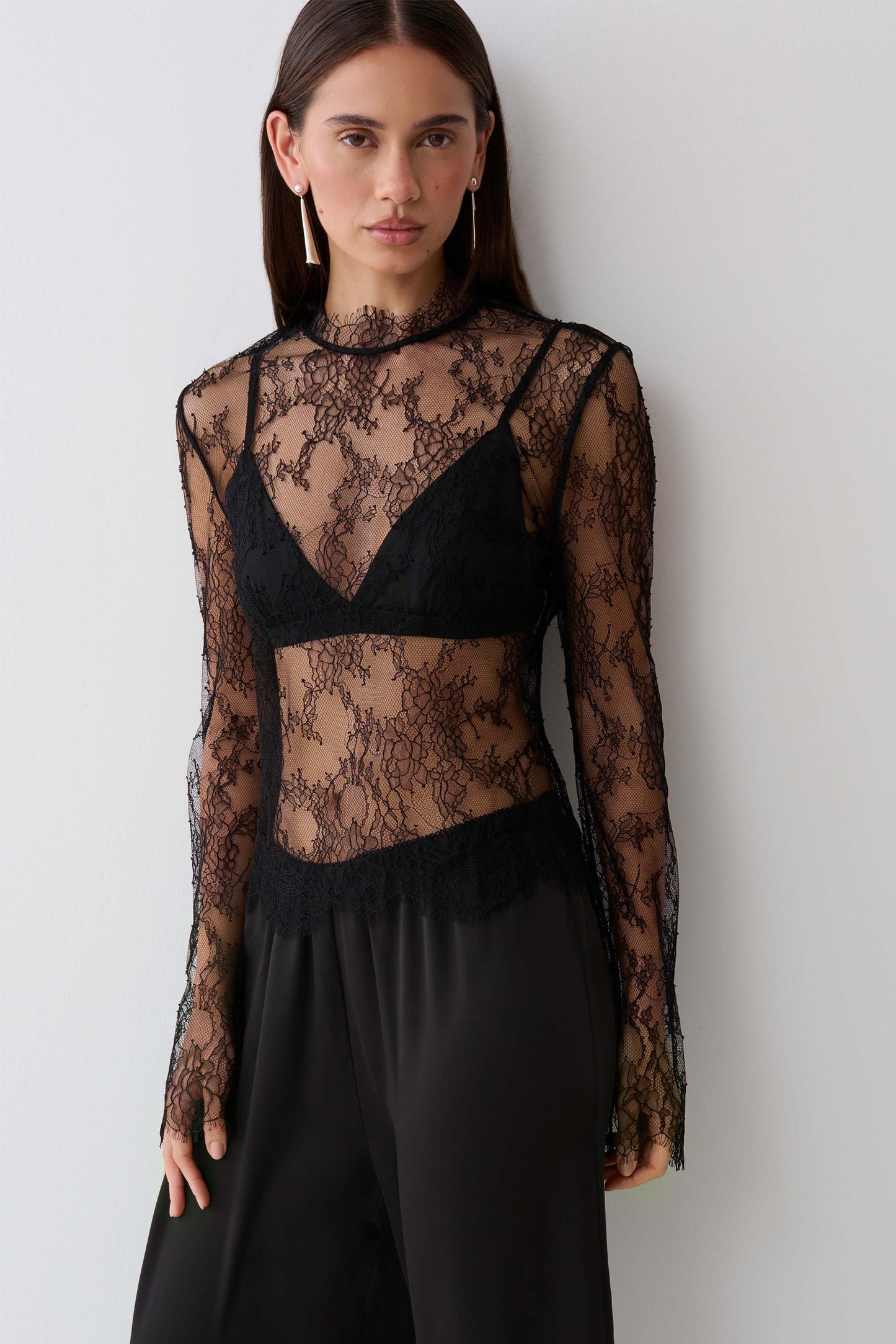 Alizette High Neck Long Sleeve Lace Top - Black