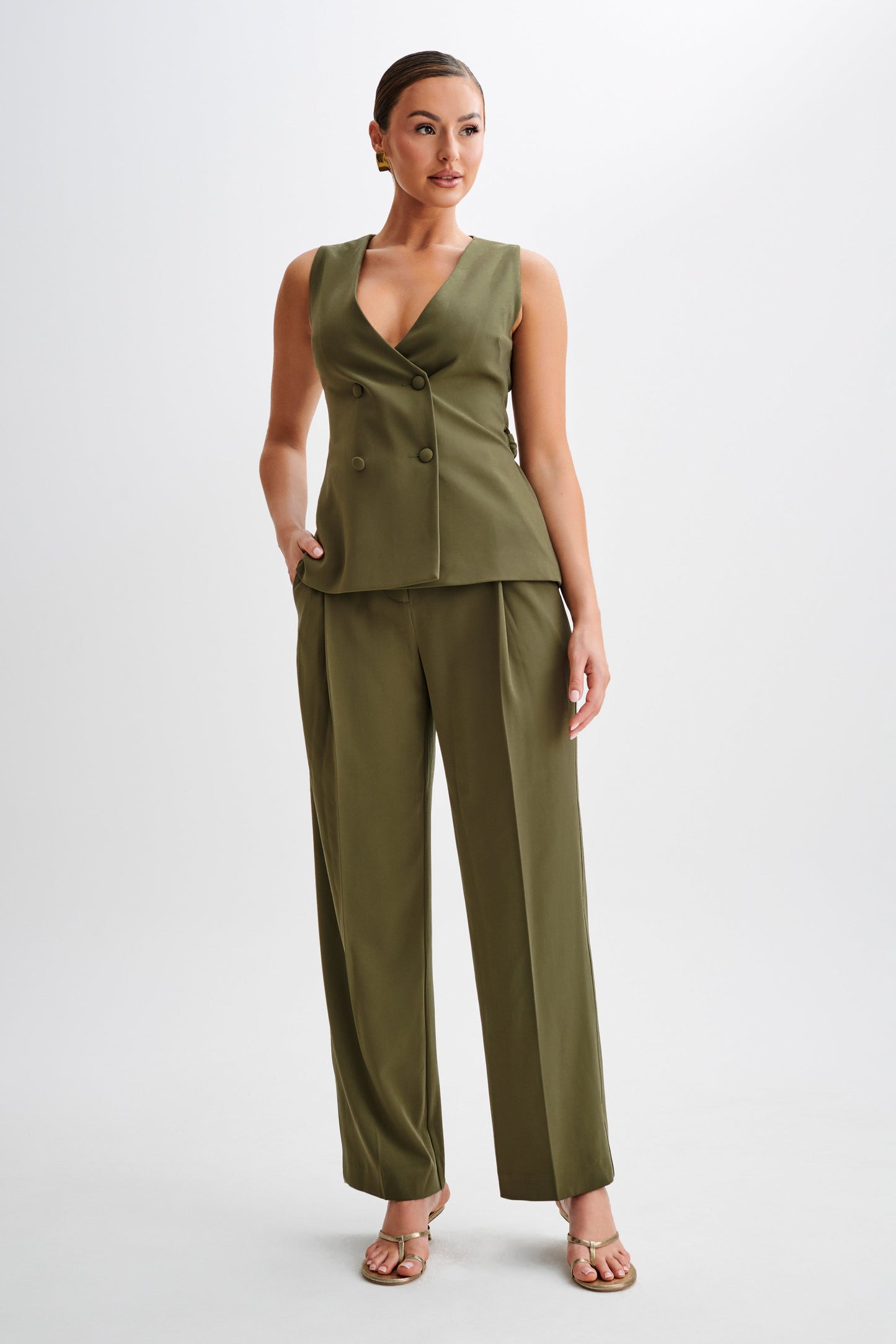 Amelie Suiting Straight Leg Pants - Military Olive