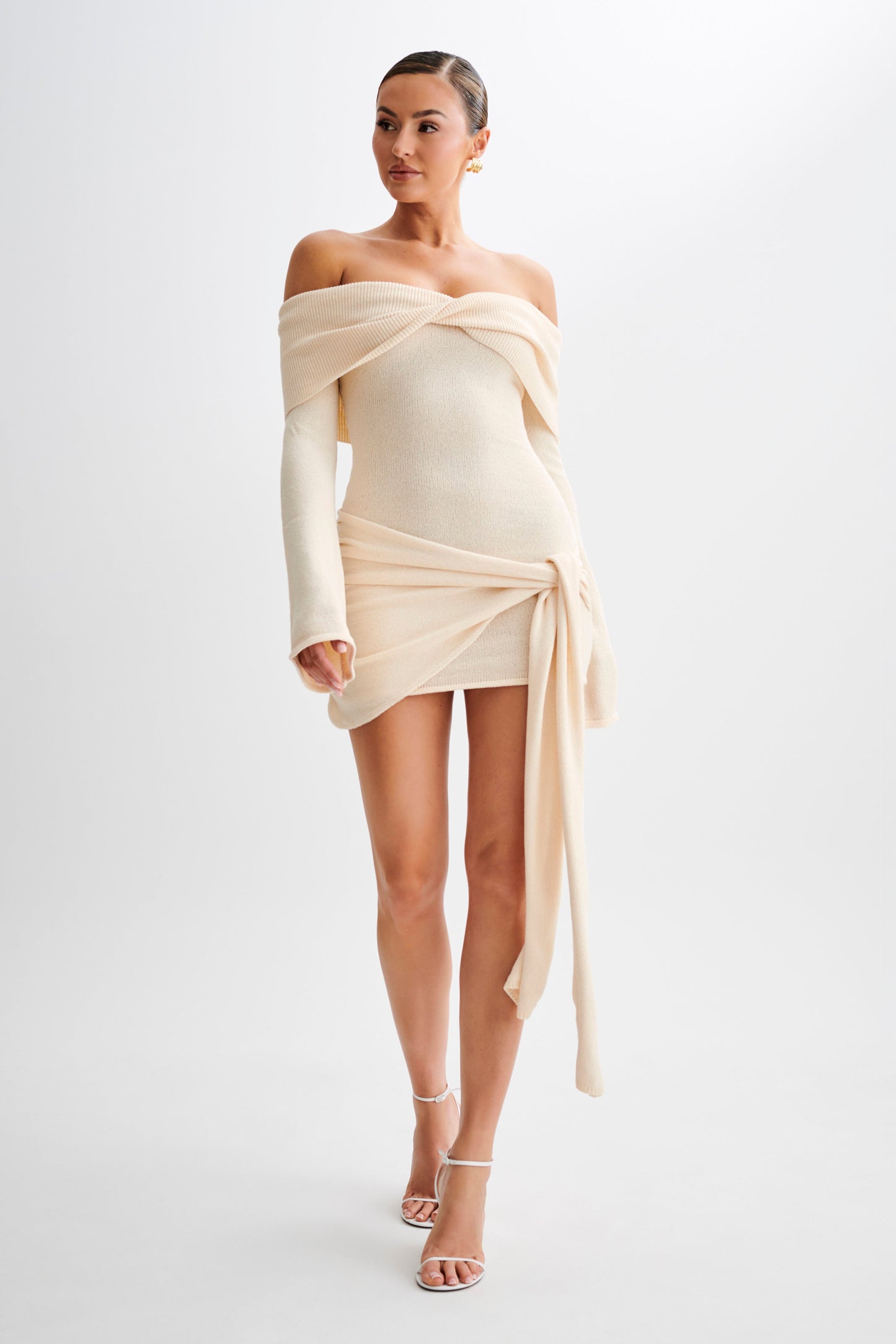 Camryn Off Shoulder Tie Knit Mini Dress - Cream Marle