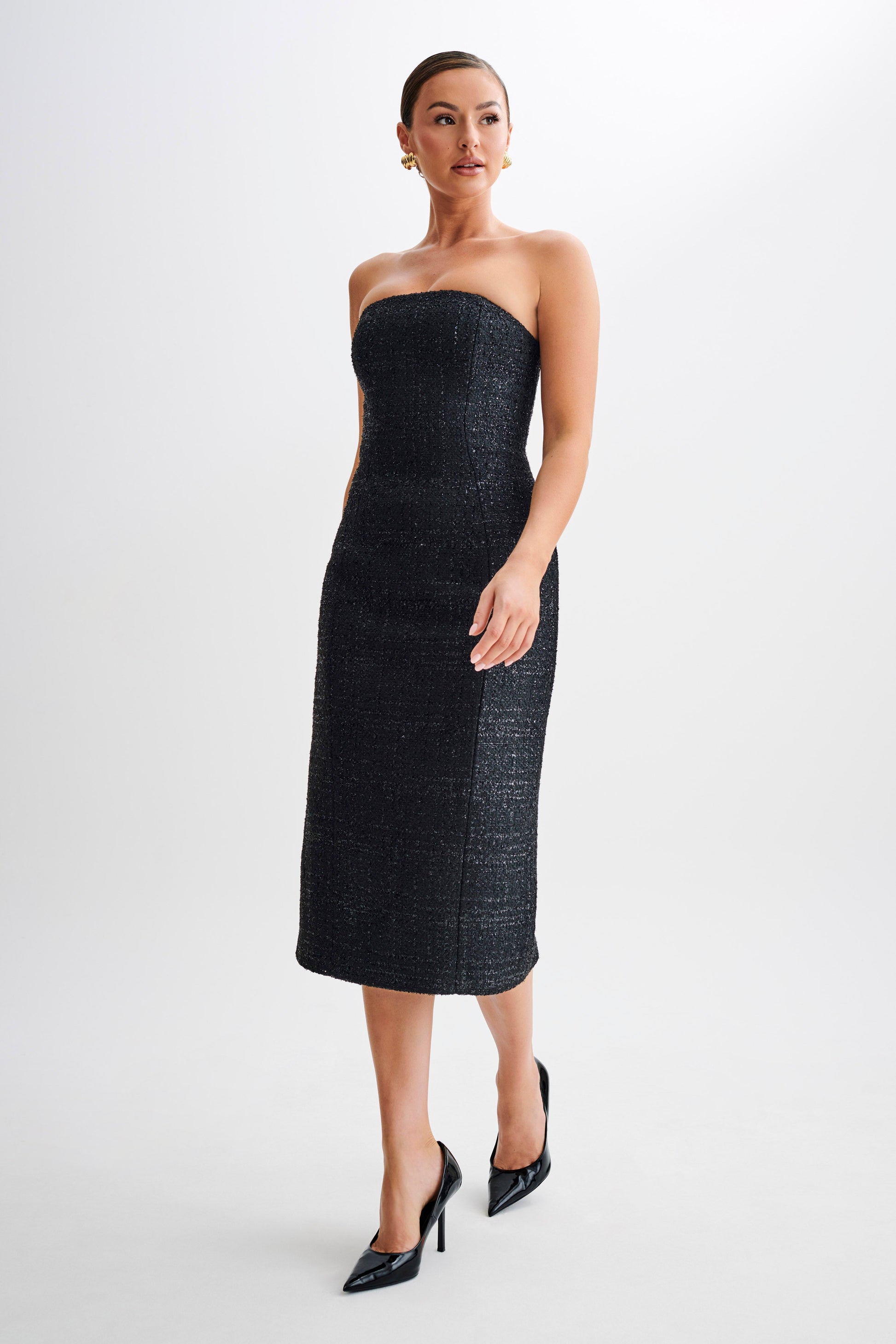 Monet Tweed Strapless Midi Dress - Black #4